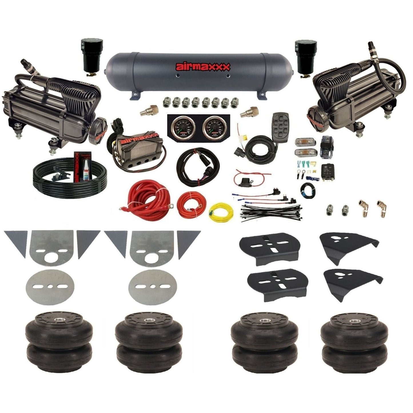 airmaxxx complete mini truck air ride kit with x-series compressor aluminum tank with slam bags gauges and fittings KTOR-XB2-57ABK-X4X7-X7R-WK-HFSS6