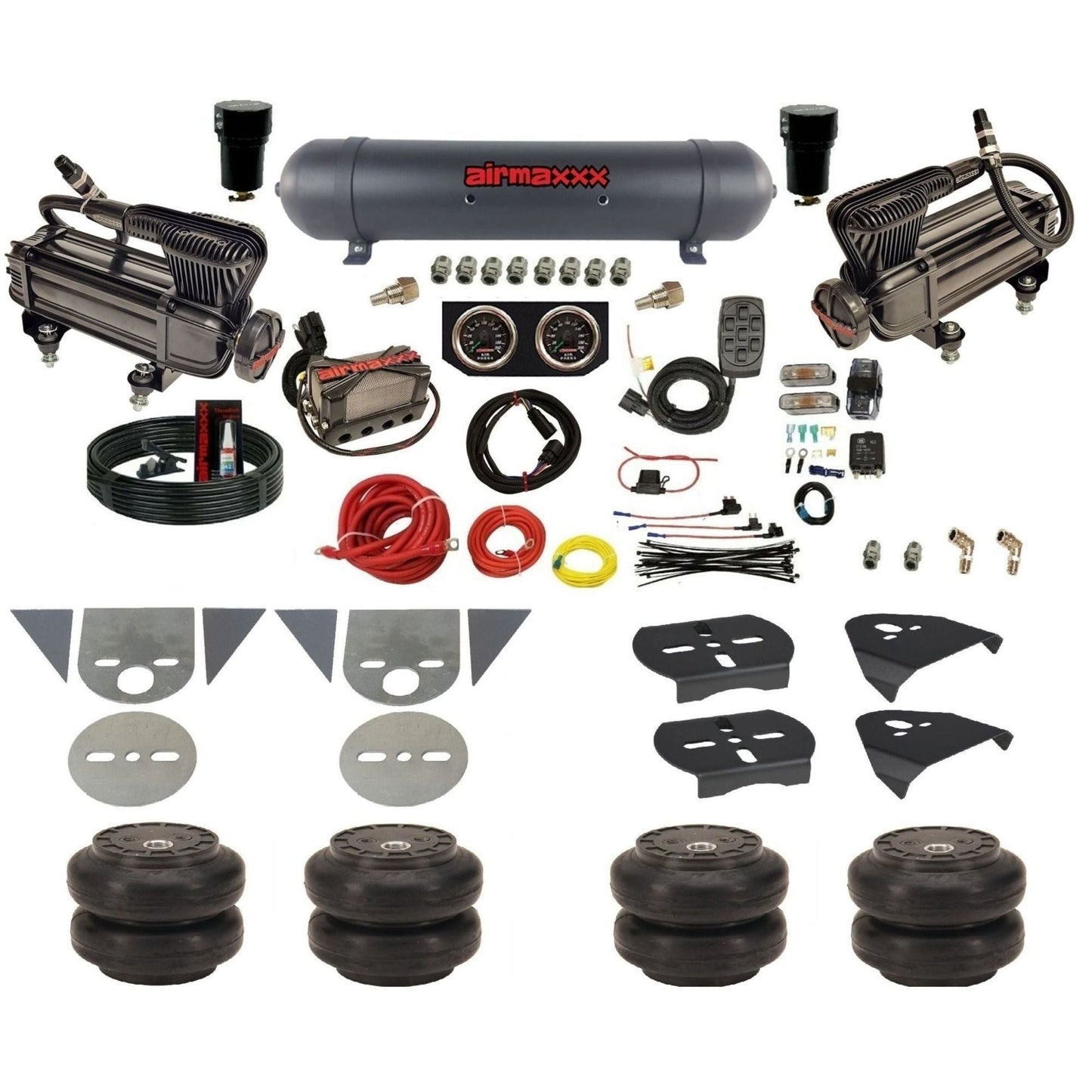 airmaxxx complete mini truck air ride kit with x-series compressor aluminum tank with slam bags gauges and fittings KTOR-XB2-57ABK-X4X7-X7R-WK-HFSS6