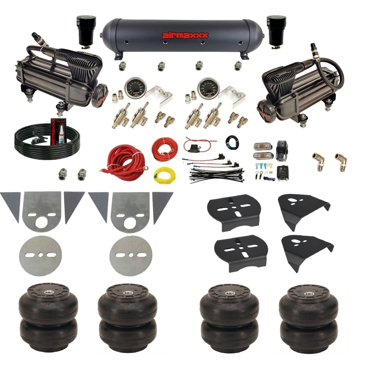 airmaxxx toggle kit with x-series dual compressors aluminum air tank and Slam air bags KTOR-XB2-59ABK-4TOG2GA2B-WK-HFSS6