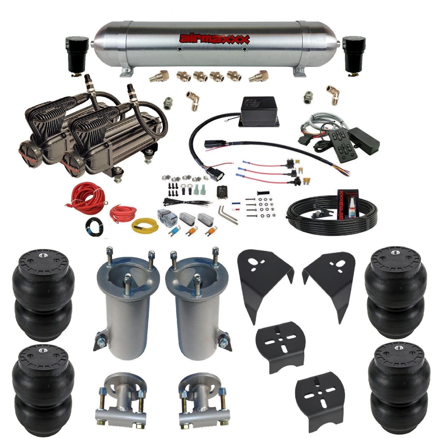 airmaxxx dual x-series compressors raw aluminum tank slam bags & airmaxxx brackets air suspension kit for 2007-2018 silverado 1500 KGM07-XB2-57ARW-SV8CMC1-WK-HFSS7