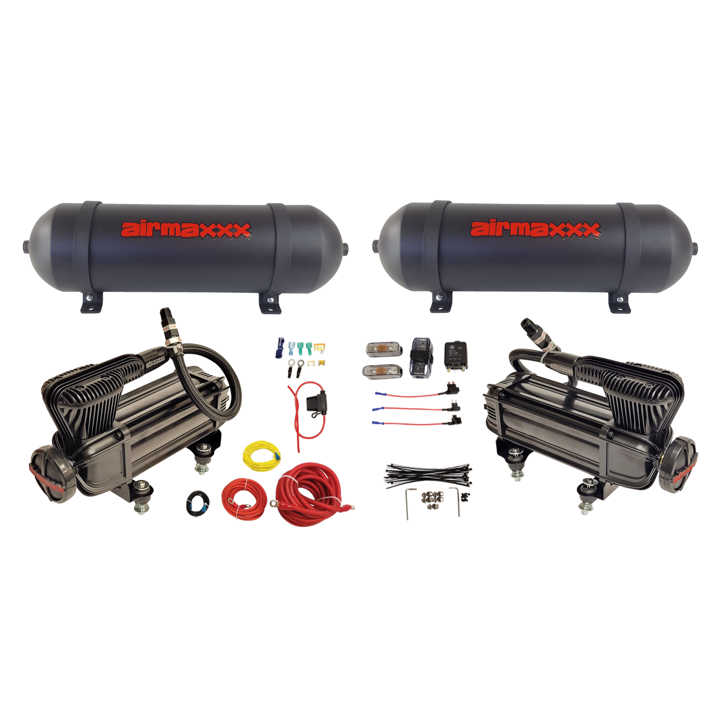 airmaxxx x series dual compressors with two 3 gallon black aluminum tanks