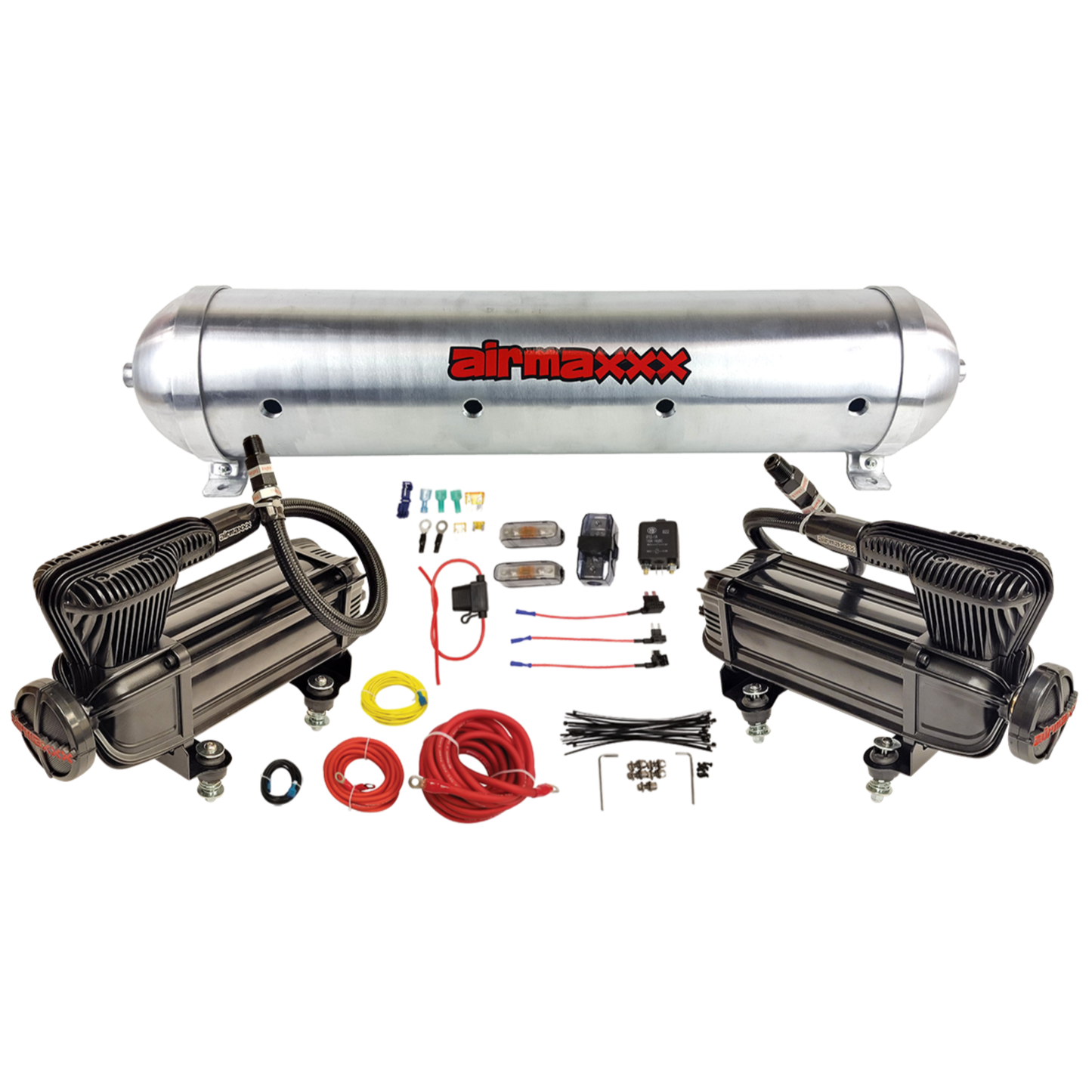 airmaxxx x series dual pack compressors with 5 gallon 9 port raw aluminum air tank xseries-wk-59araw