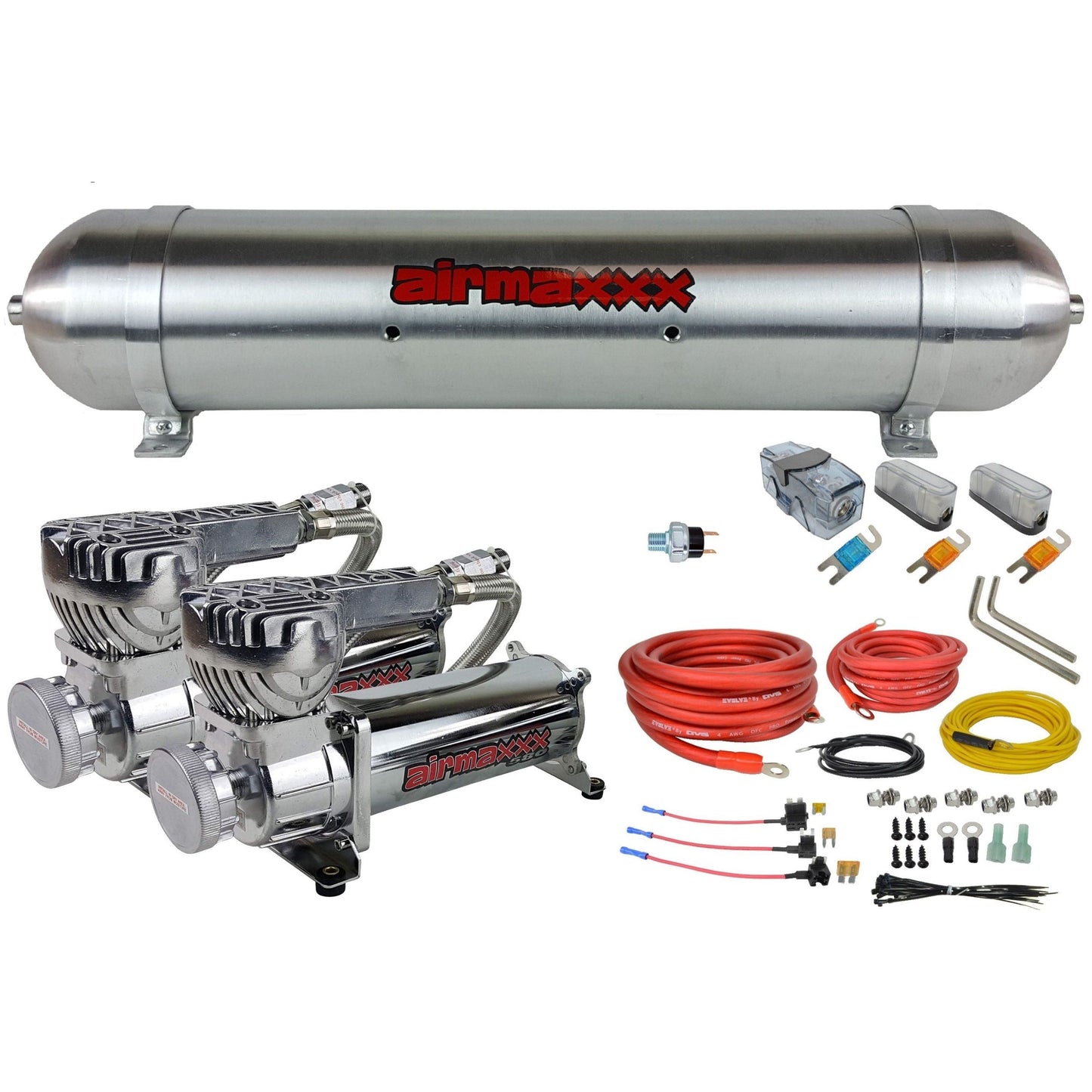 airmaxxx 580 chrome dual air compressors with 5 gallon 7 port raw aluminum tank & wiring kit