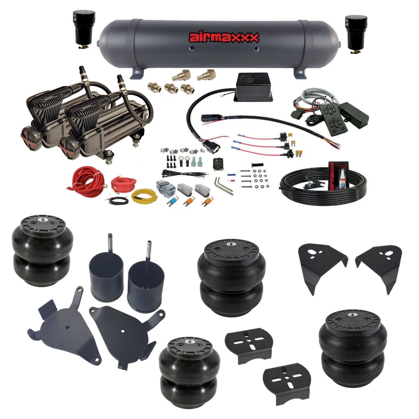 slam sv8c 3/8 dual x-series compressors aluminum tank slam bags & airmaxxx brackets air suspension kit fits 1982-2004 chevy s10/S15/Sonoma 2wd KS10-XB2-57ABK-SV8CMC1-WK-HFSS6SS7