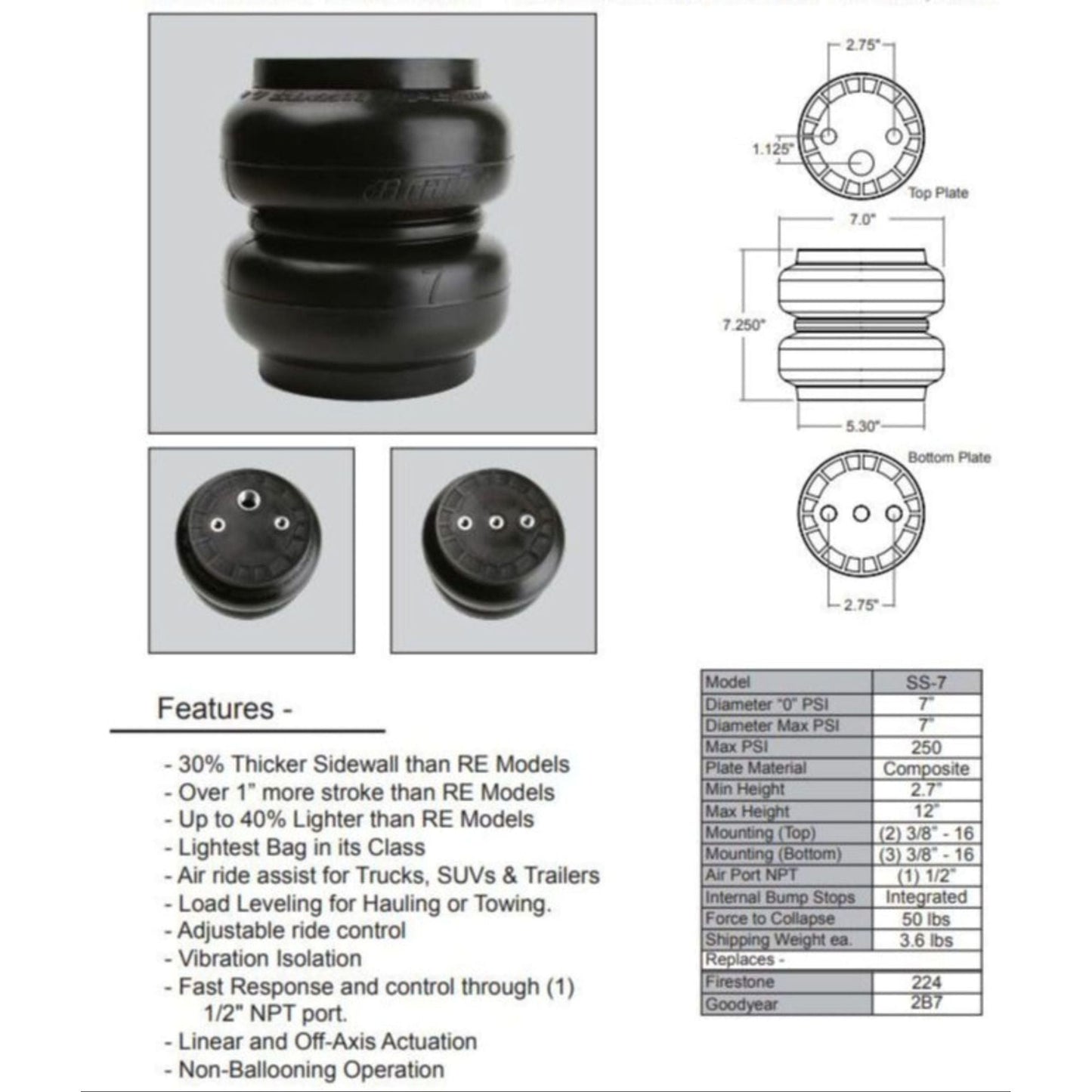 ss7 dims non ballooning air bag with internal bumpstops