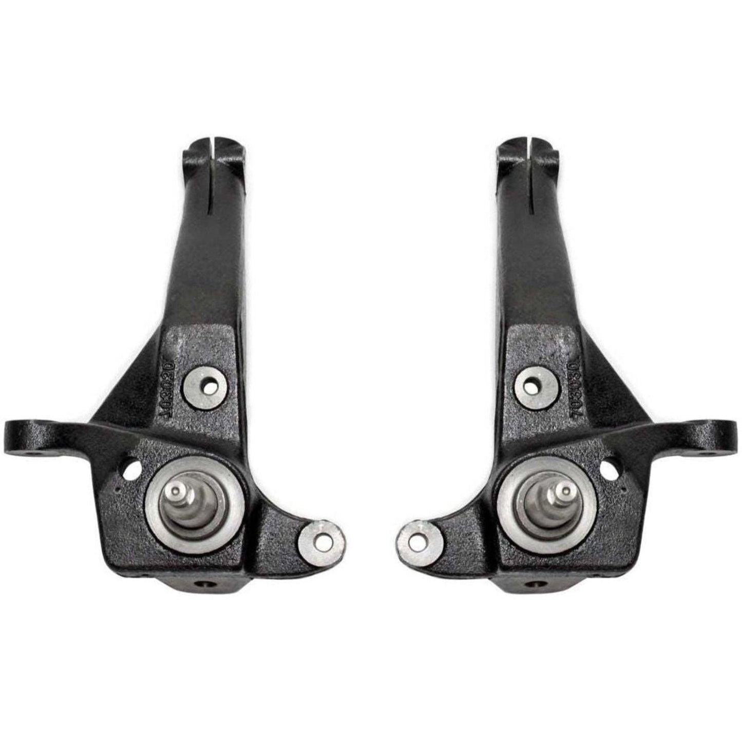 Ductile steel front spindles MaxTrac 703030A 4-inch lift spindles for 1998–2000 Ford Ranger 2WD coil spring suspension with black e-coated finish.