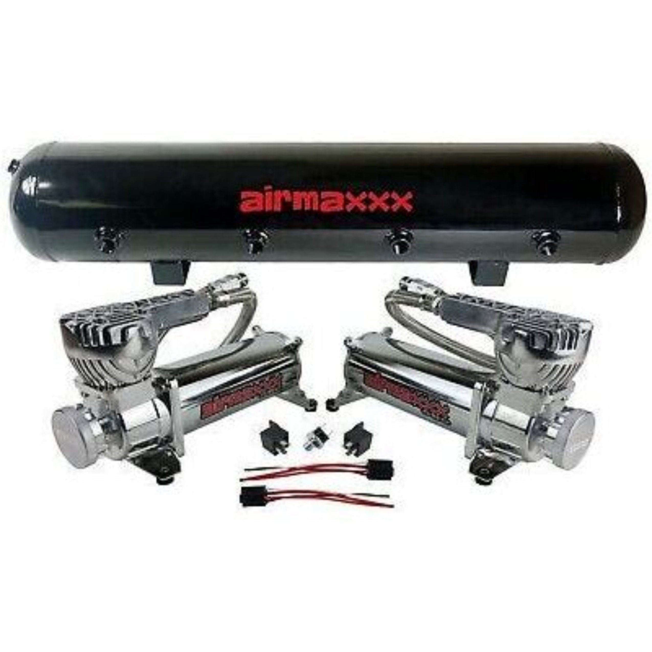 airmaxxx Dual 580 Chrome Compressors w/5 Gal Tank, Relays & 150