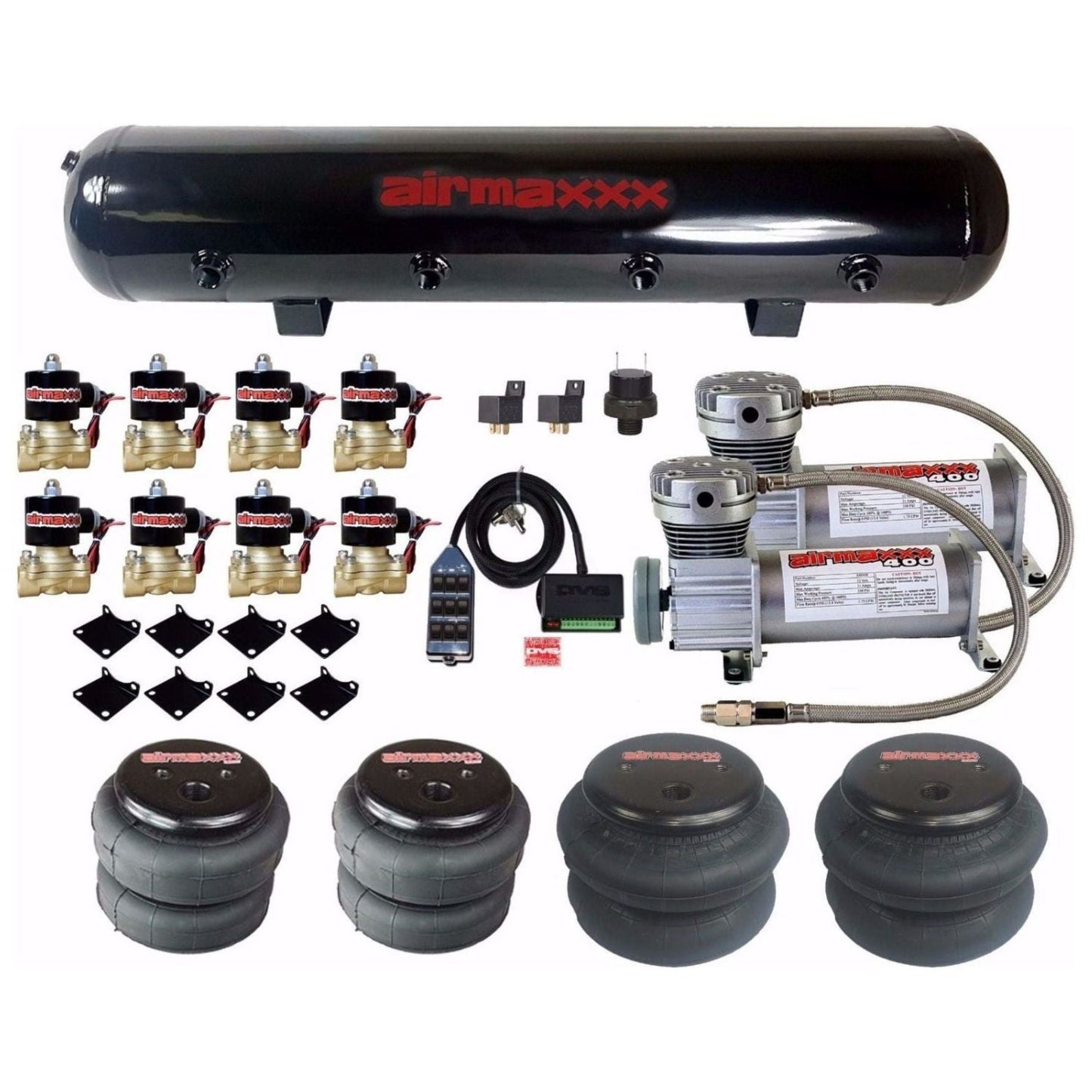 airmaxxx pewter 400 air ride kit with 3/8 brass valves and chrome 9 switch k-fbss-dp2400-838-brkt-59-9chr-2526