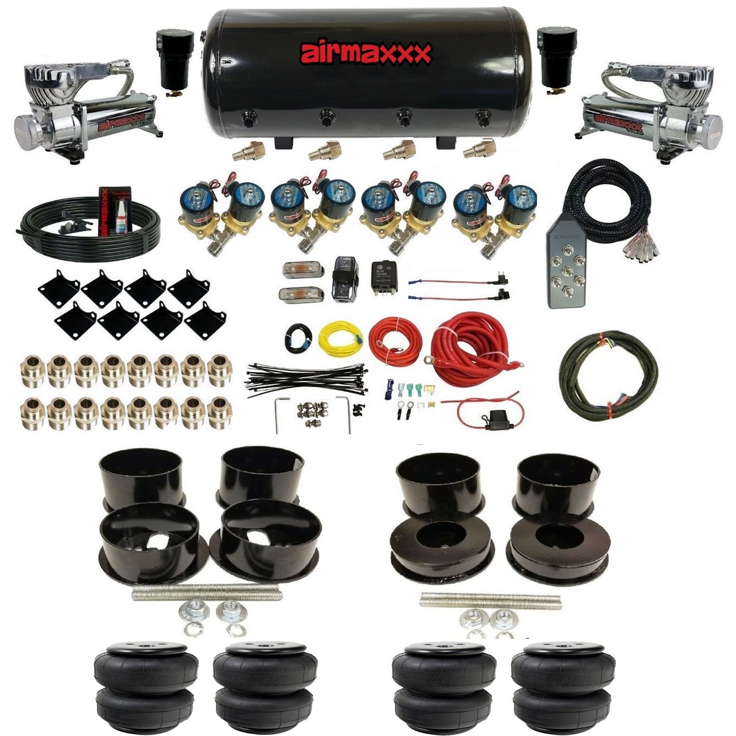 1/2" airmaxxx Fast Bag Air Suspension Kit Chrome 580 compressors airlift bags steel tank Toggle Switch Fits 1971-77 GM B-Body KBBDY-580C2-838-89S-7TBK-WK-HFD25