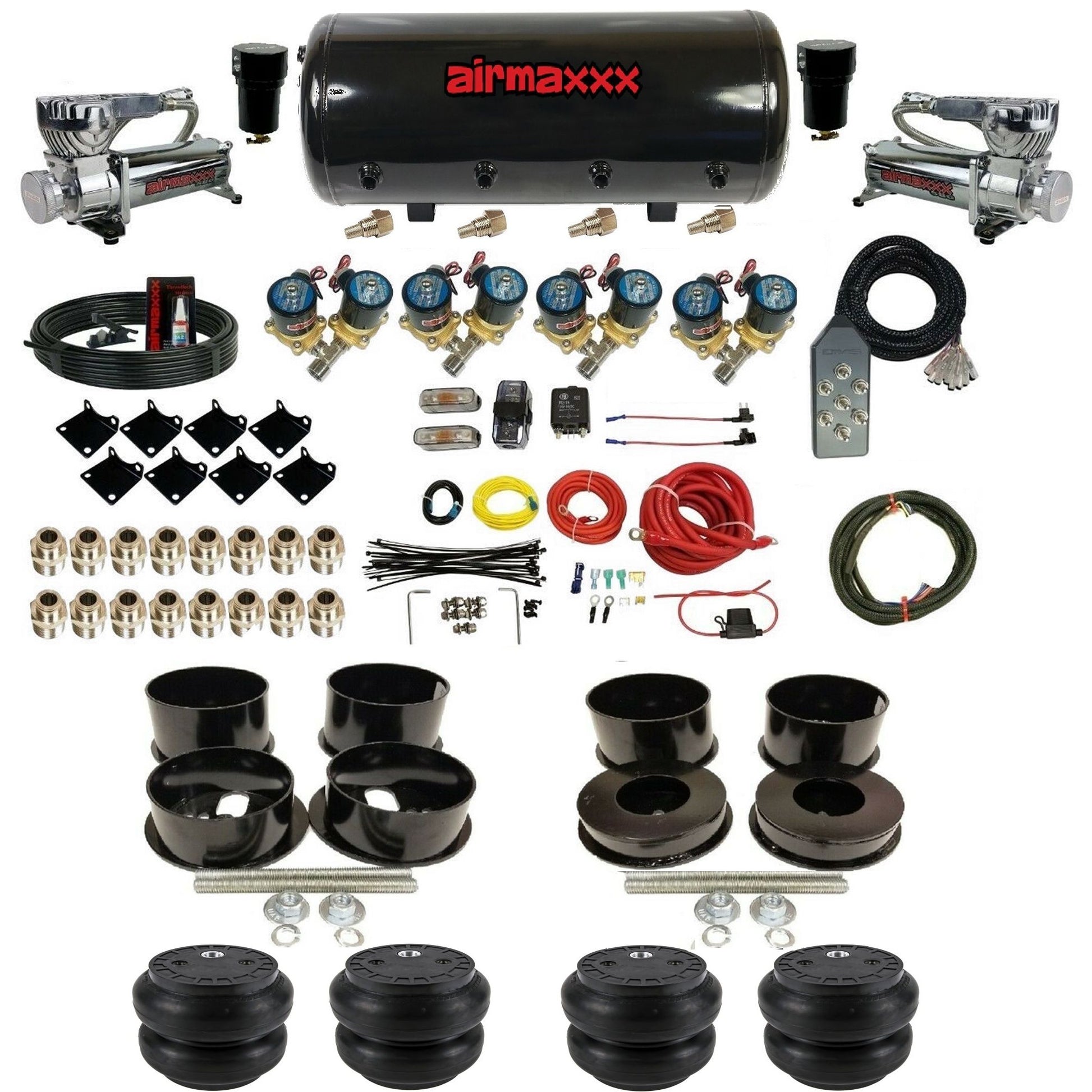 1/2" airmaxxx Fast Bag Air Suspension Kit Chrome 580 compressors slam bags steel tank Toggle Switch Fits 1971-77 GM B-Body KBBDY-580C2-838-89S-7TBK-WK-HFSS7