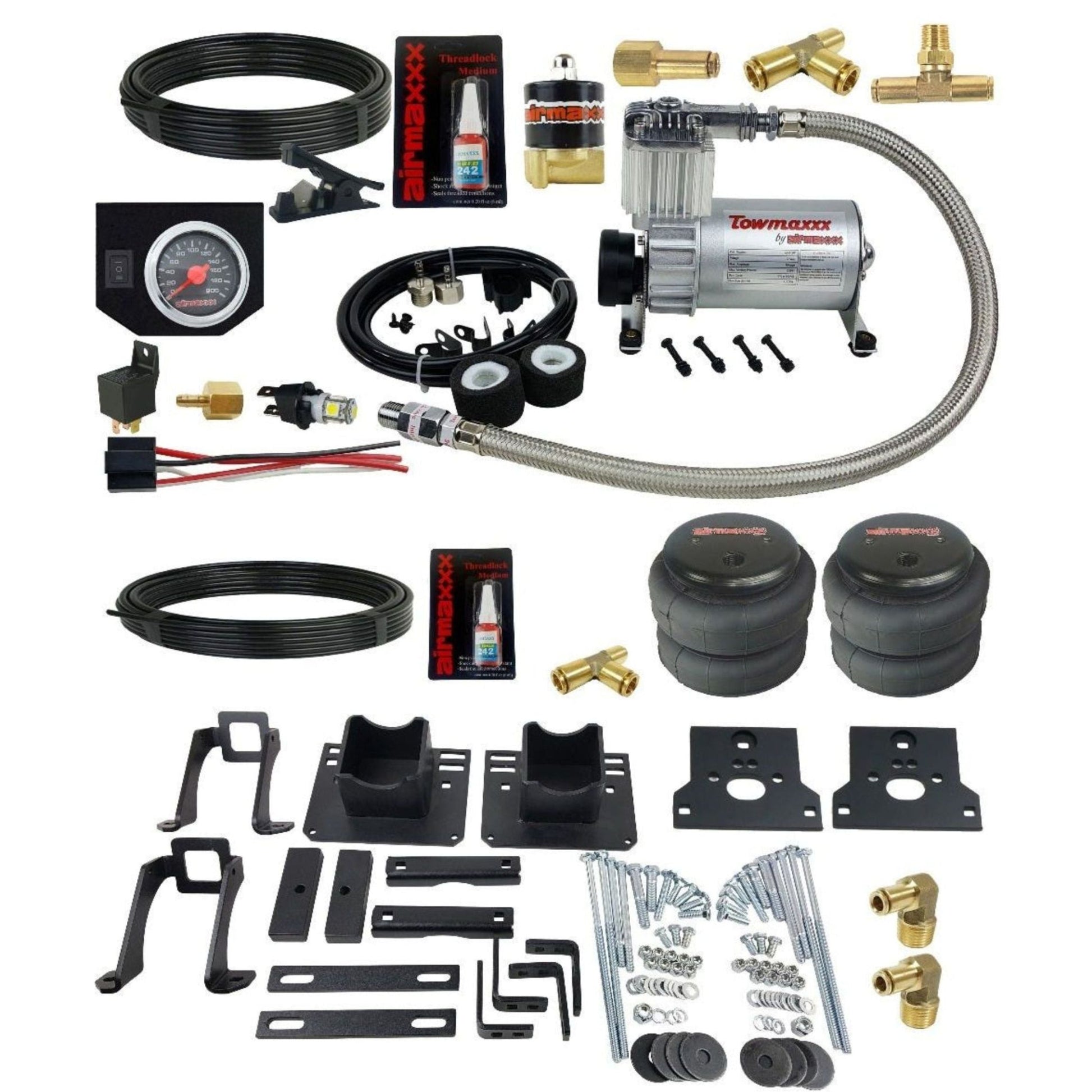 airmaxxx tow assist overload kit with compressor and blk gauge for ford f250 f350 2005 2010 2wd super duty