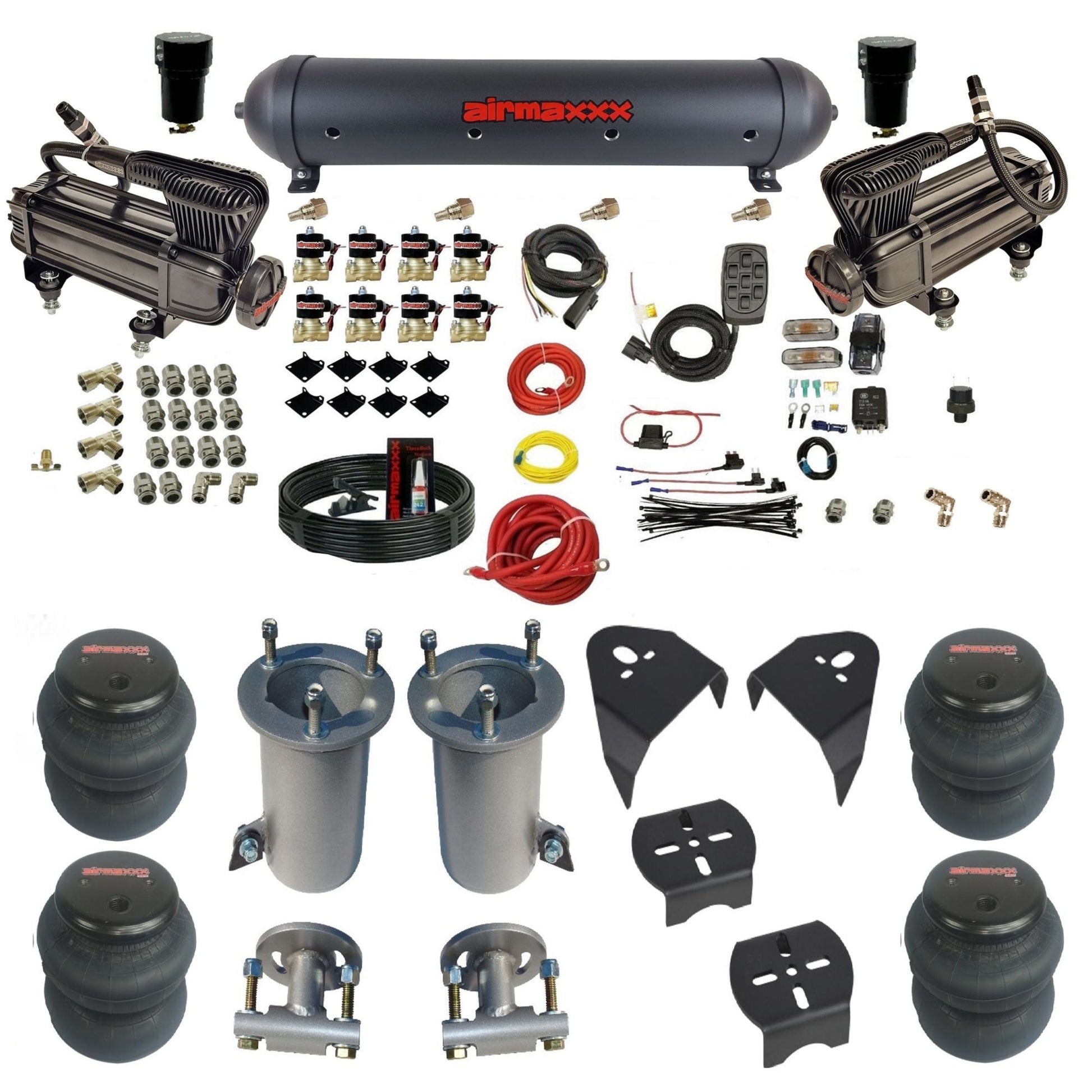 2007-18 chevy silverado fast bag 3/8 air suspension kit X-series air compressors 2600 bags & brackets w/black aluminum air tank airmaxxx KGM07-XB2-838-59ABK-7BK-WK-HF