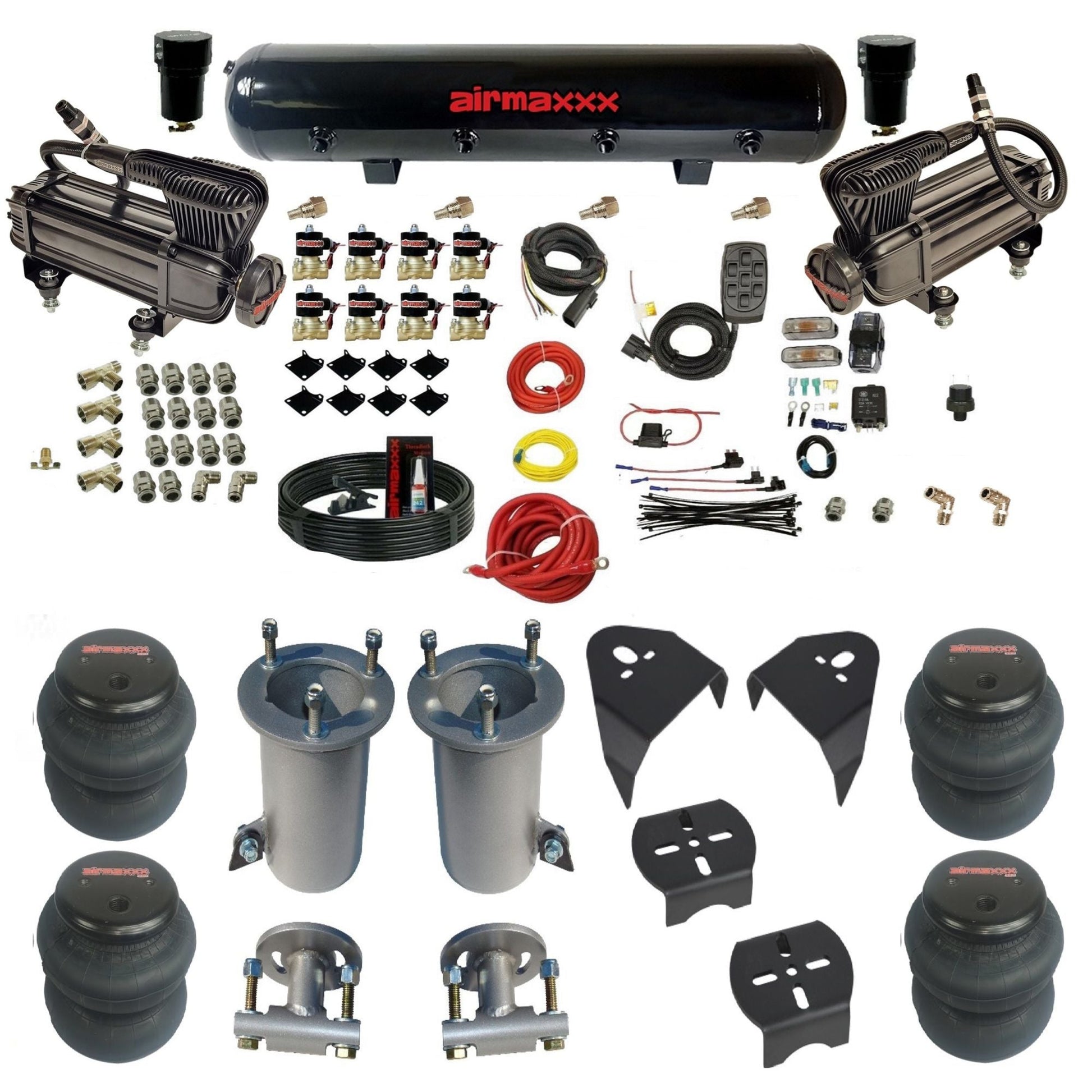 2007-18 chevy silverado fast bag 3/8 air suspension kit X-series air compressors 2600 bags & brackets w/black steel air tank airmaxxx KGM07-XB2-838-59S-7BK-WK-HF