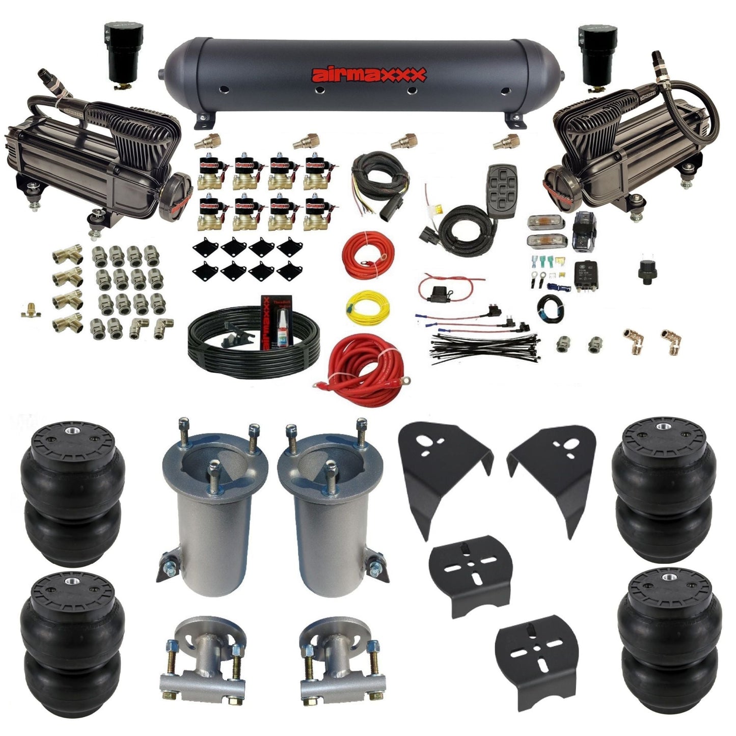 2007-18 chevy silverado fast bag 3/8 air suspension kit X-series air compressors Slam bags & brackets w/black aluminum air tank airmaxxx KGM07-XB2-838-59ABK-7BK-WK-HFSS7