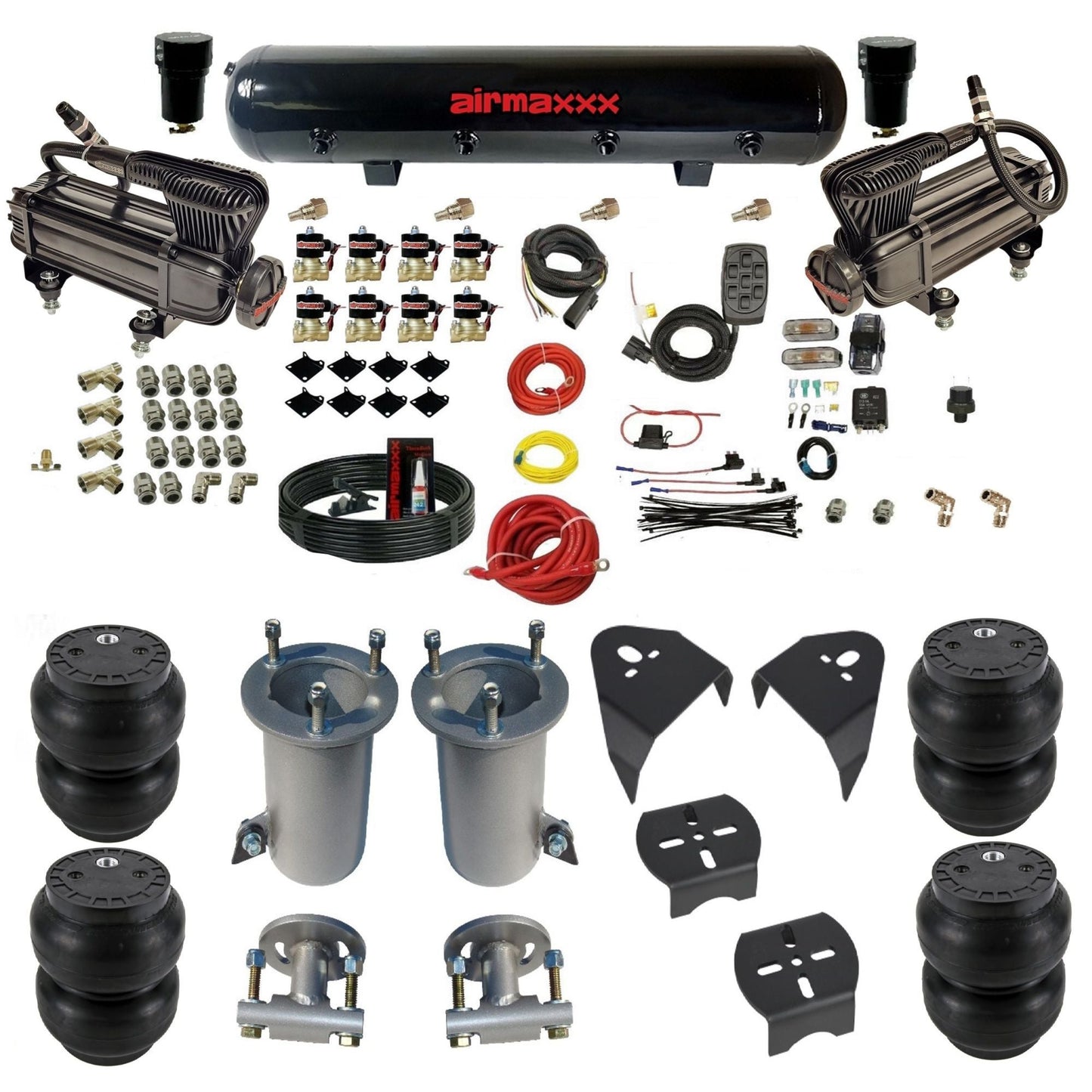 2007-18 chevy silverado fast bag 3/8 air suspension kit X-series air compressors Slam bags & brackets w/black steel air tank airmaxxx KGM07-XB2-838-59S-7BK-WK-HFSS7