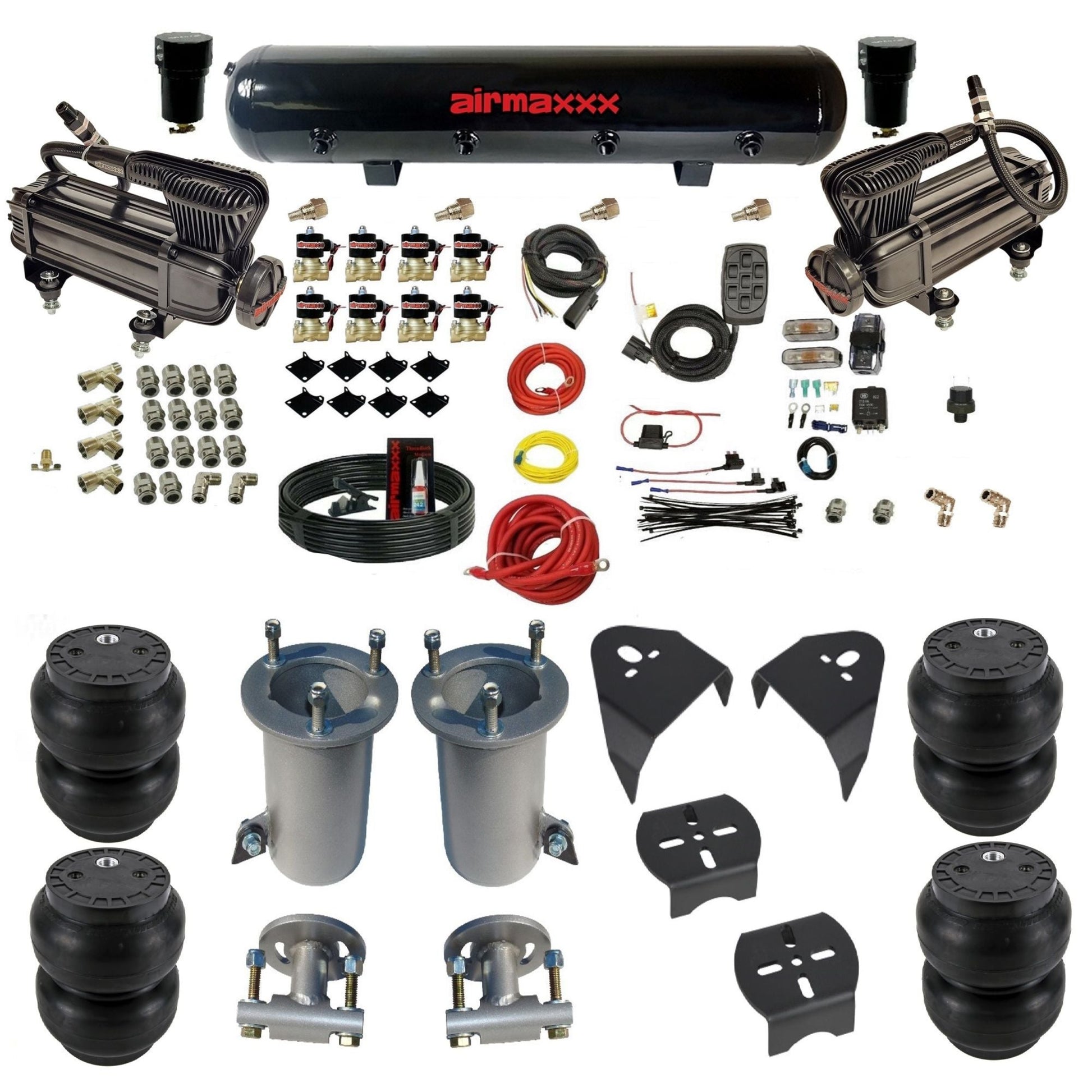 2007-18 chevy silverado fast bag 3/8 air suspension kit X-series air compressors Slam bags & brackets w/black steel air tank airmaxxx KGM07-XB2-838-59S-7BK-WK-HFSS7