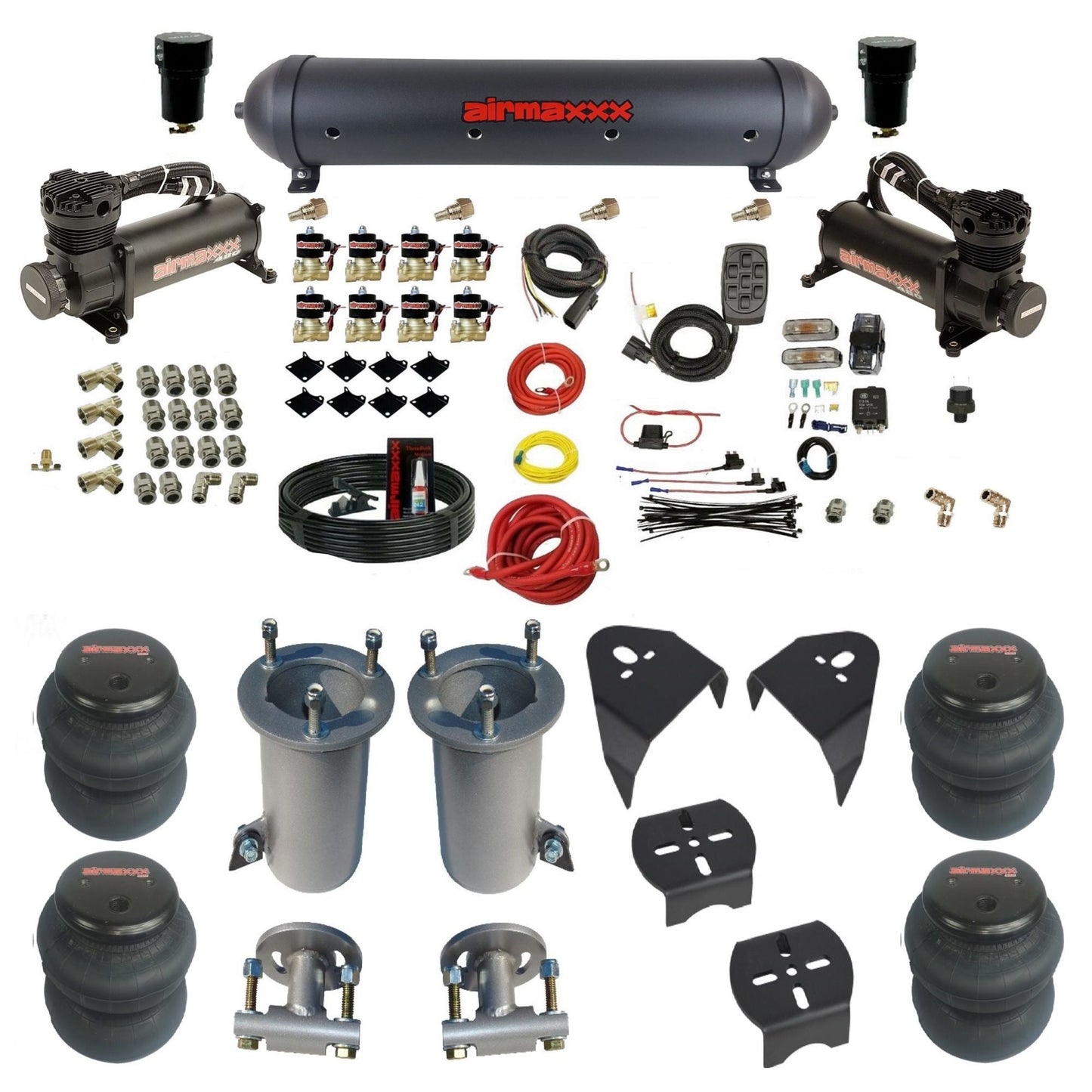 2007-18 chevy silverado fast bag 3/8 air suspension kit black 480 air compressors 2600 bags & brackets w/black aluminum air tank airmaxxx KGM07-480B2-838-59ABK-7BK-WK-HF