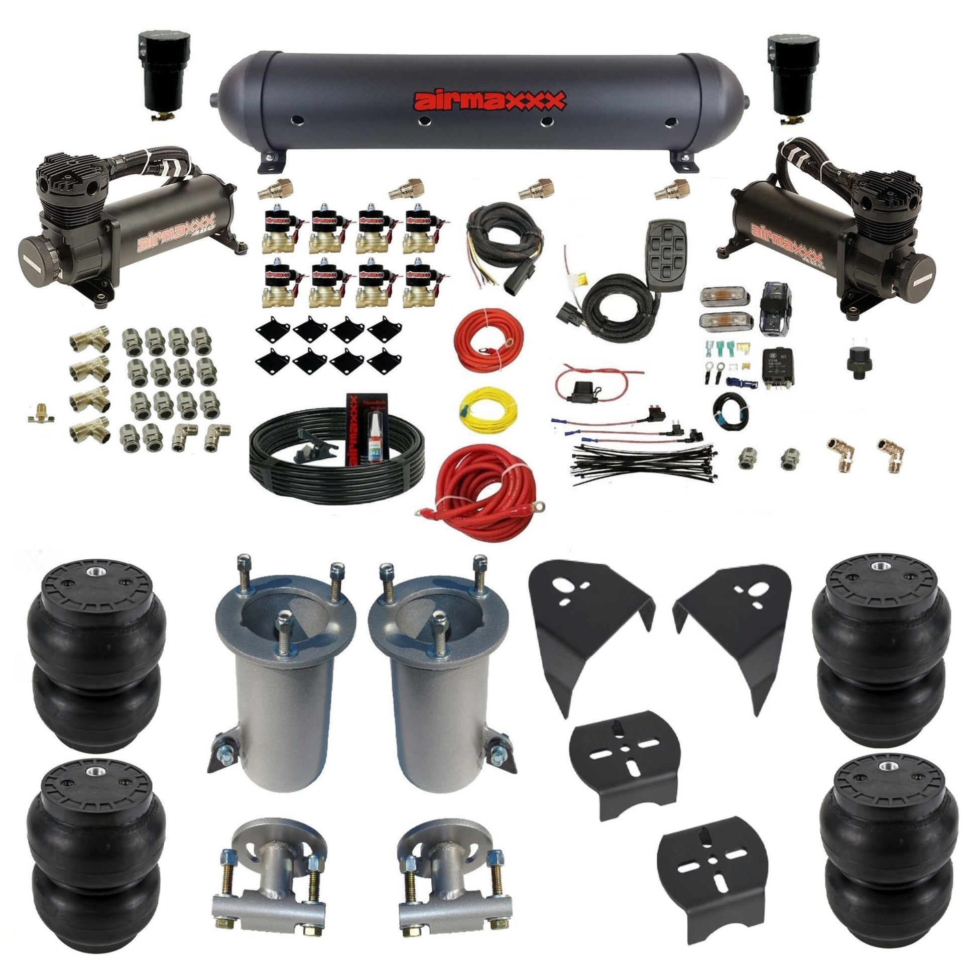 2007-18 chevy silverado fast bag 3/8 air suspension kit black 480 air compressors Slam bags & brackets w/black aluminum air tank airmaxxx KGM07-480B2-838-59ABK-7BK-WK-HFSS7
