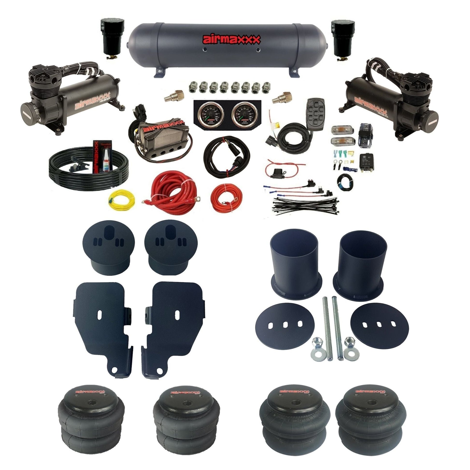 3/8" manifold air suspension kit 480 black air compressors black aluminum tank 2600 bags & brackets fits 1965-1970 Chevy Impala KIMP65-480B2-57ABK-X4X7-WK-HF