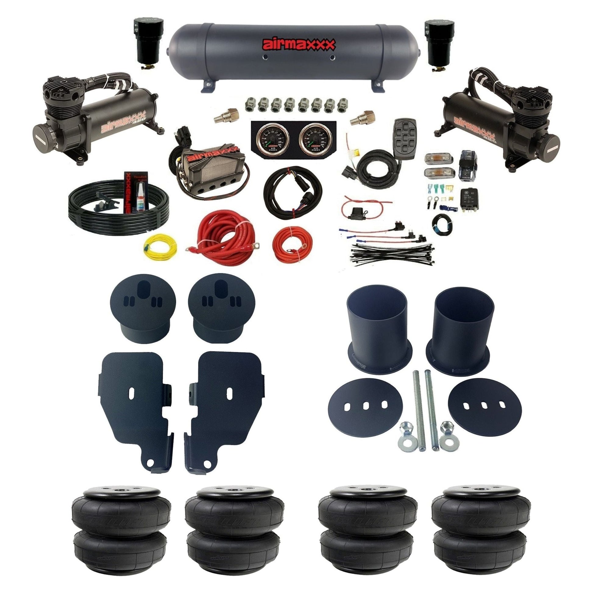 3/8" manifold air suspension kit 480 black air compressors black aluminum tank Air Lift bags & brackets fits 1965-1970 Chevy Impala KIMP65-480B2-57ABK-X4X7-WK-HFD25