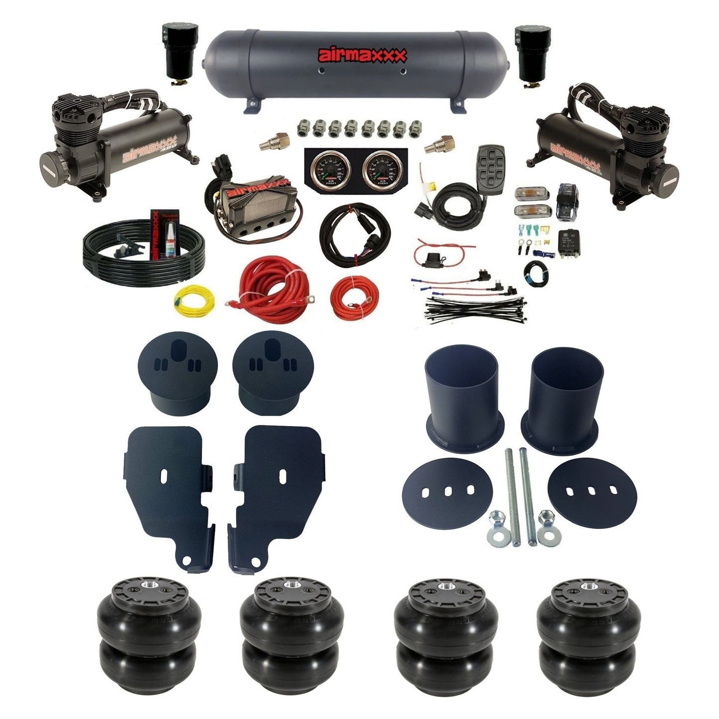 3/8" manifold air suspension kit 480 black air compressors black aluminum tank Slam bags & brackets fits 1965-1970 Chevy Impala KIMP65-480B2-57ABK-X4X7-WK-HFSS6