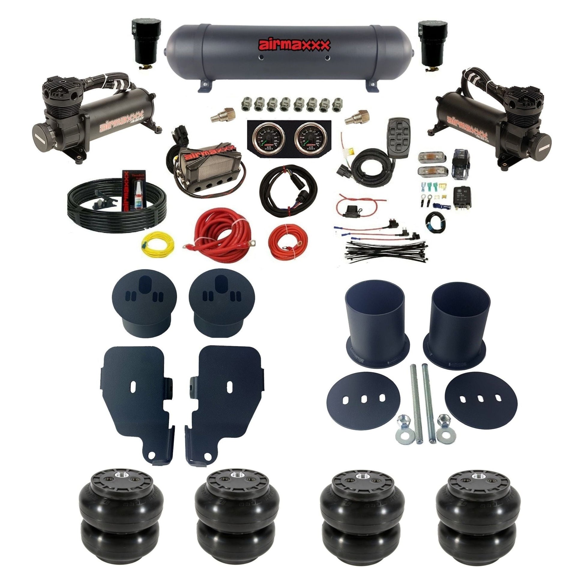 3/8" manifold air suspension kit 480 black air compressors black aluminum tank Slam bags & brackets fits 1965-1970 Chevy Impala KIMP65-480B2-57ABK-X4X7-WK-HFSS6