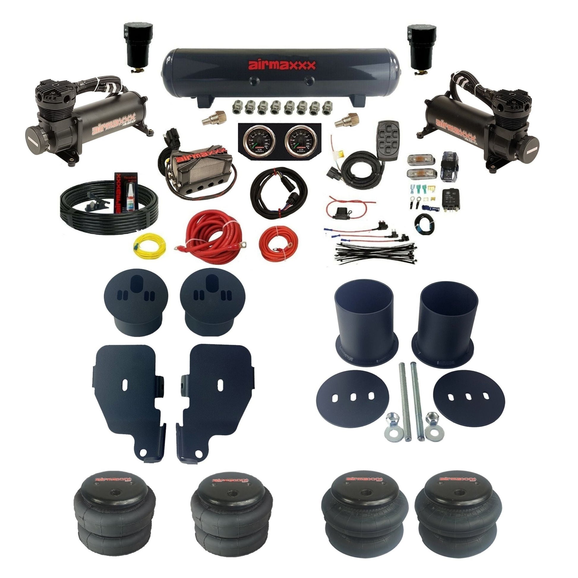 3/8" manifold air suspension kit 480 black air compressors steel tank 2600 bags & brackets fits 1965-1970 Chevy Impala KIMP65-480B2-57S-X4X7-WK-HF