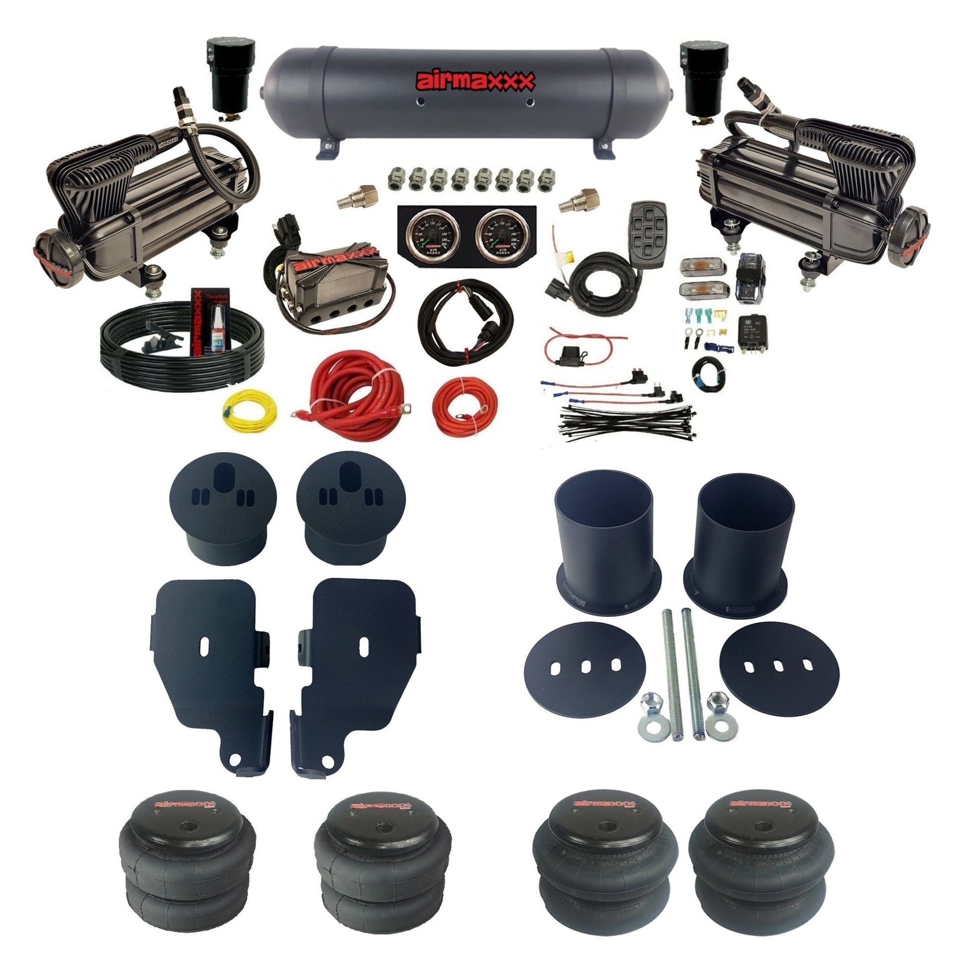 3/8" manifold air suspension kit X-series air compressors black aluminum tank 2600 bags & brackets fits 1965-1970 Chevy Impala KIMP65-XB2-57ABK-X4X7-WK-HF