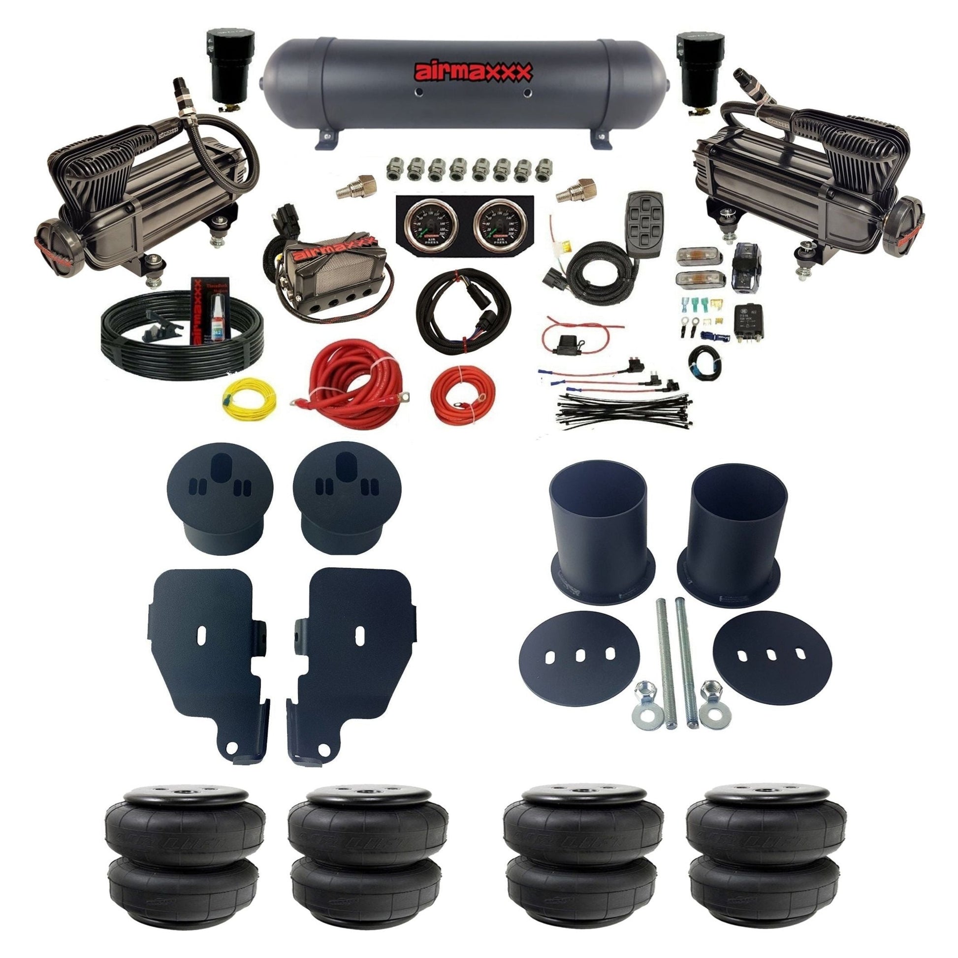 3/8" manifold air suspension kit X-series air compressors black aluminum tank Air Lift bags & brackets fits 1965-1970 Chevy Impala KIMP65-XB2-57ABK-X4X7-WK-HFD25