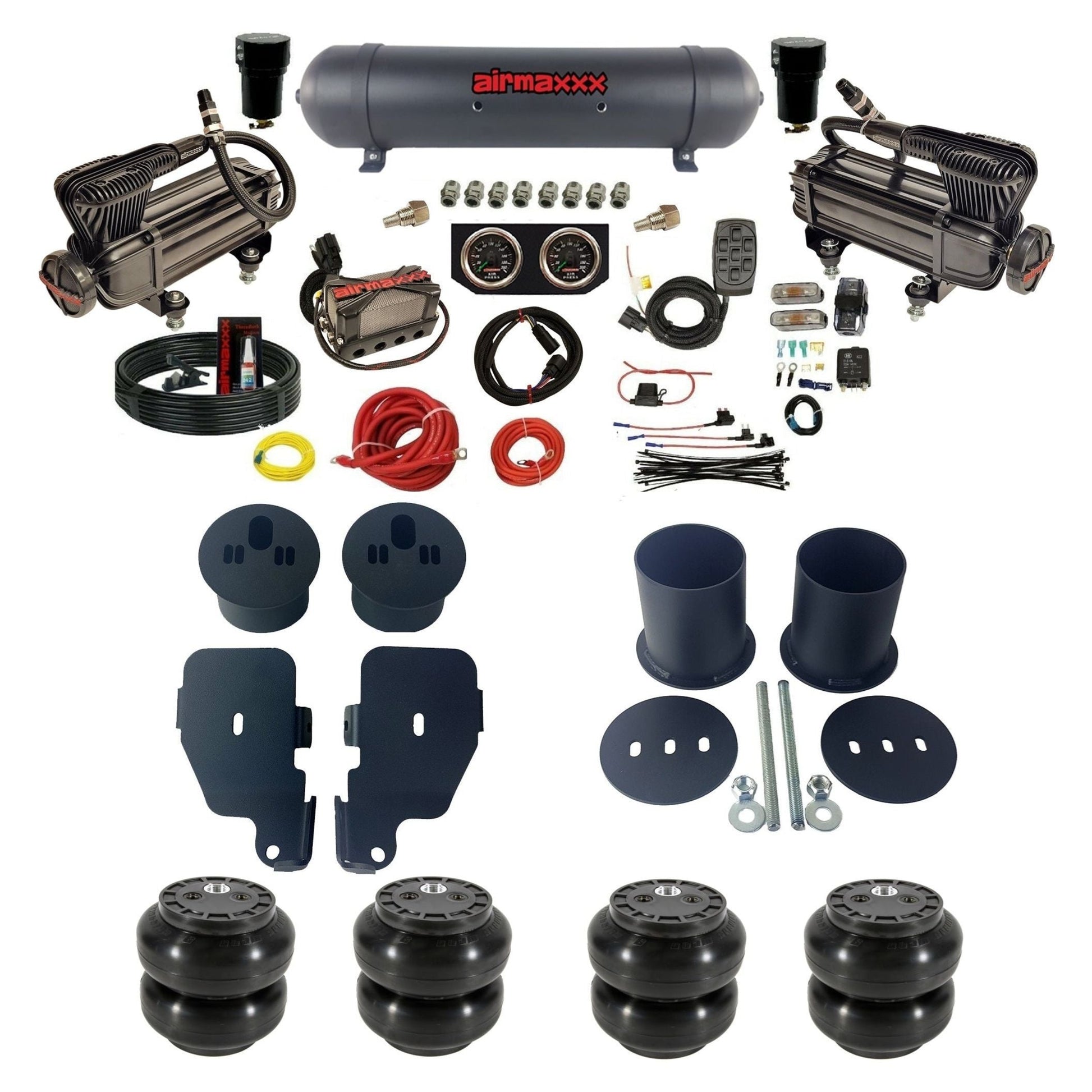 3/8" manifold air suspension kit X-series air compressors black aluminum tank Slam bags & brackets fits 1965-1970 Chevy Impala KIMP65-XB2-57ABK-X4X7-WK-HFSS6