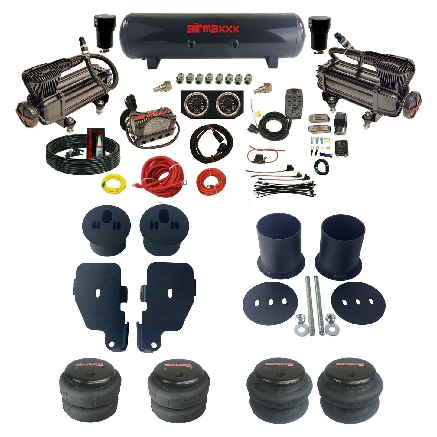 3/8" manifold air suspension kit X-series air compressors steel tank 2600 bags & brackets fits 1965-1970 Chevy Impala KIMP65-XB2-57S-X4X7-WK-HF