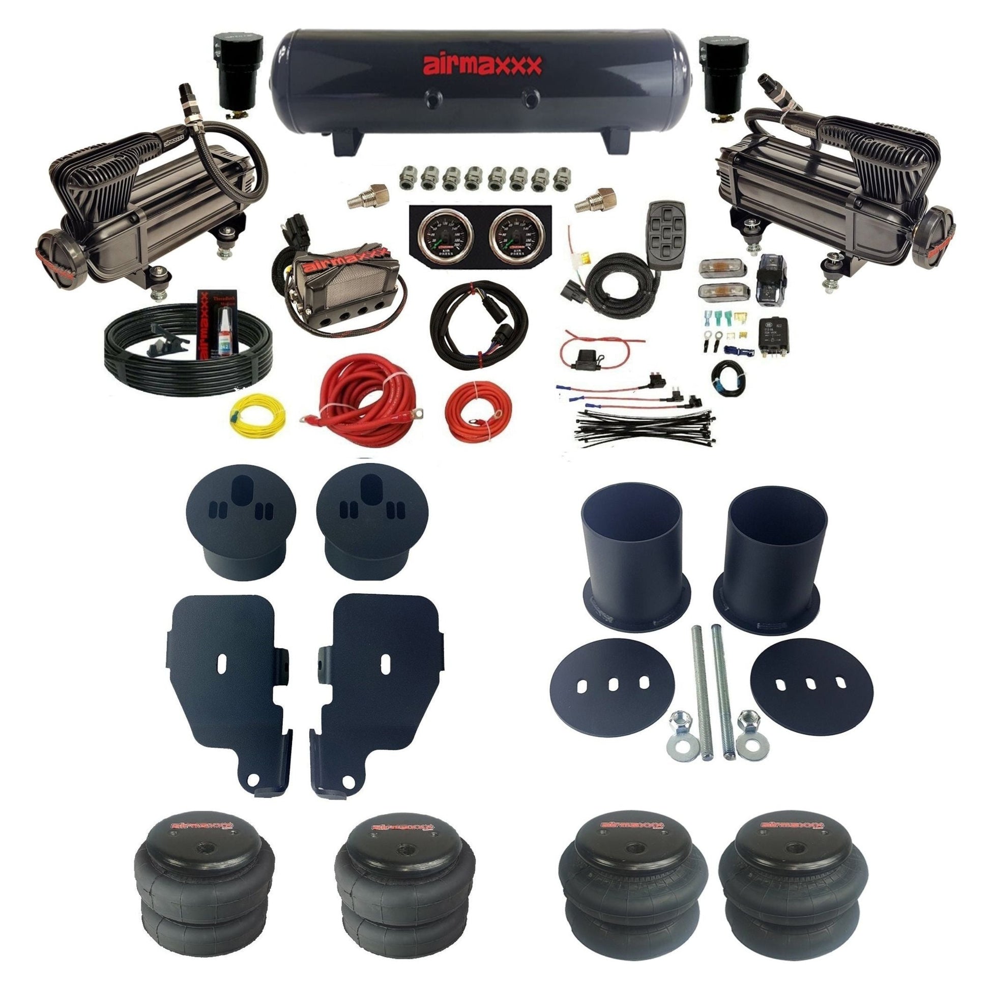 3/8" manifold air suspension kit X-series air compressors steel tank 2600 bags & brackets fits 1965-1970 Chevy Impala KIMP65-XB2-57S-X4X7-WK-HF