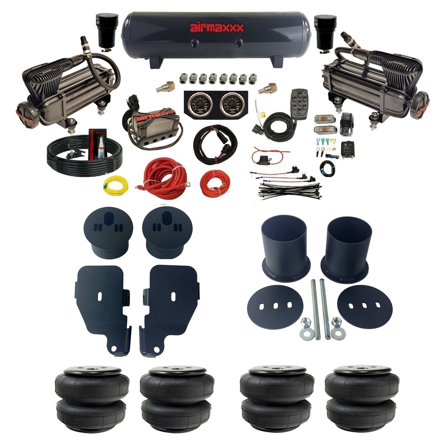 3/8" manifold air suspension kit X-series air compressors steel tank Air Lift bags & brackets fits 1965-1970 Chevy Impala KIMP65-XB2-57S-X4X7-WK-HFD25