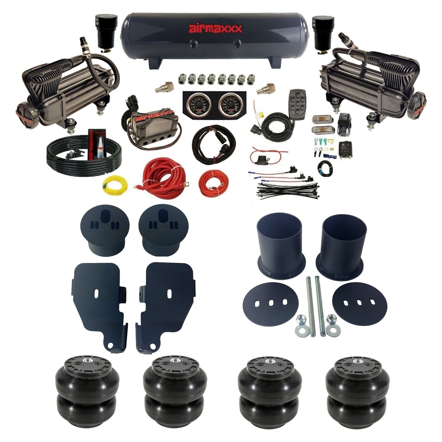 3/8" manifold air suspension kit X-series air compressors steel tank Slam bags & brackets fits 1965-1970 Chevy Impala KIMP65-XB2-57S-X4X7-WK-HFSS6
