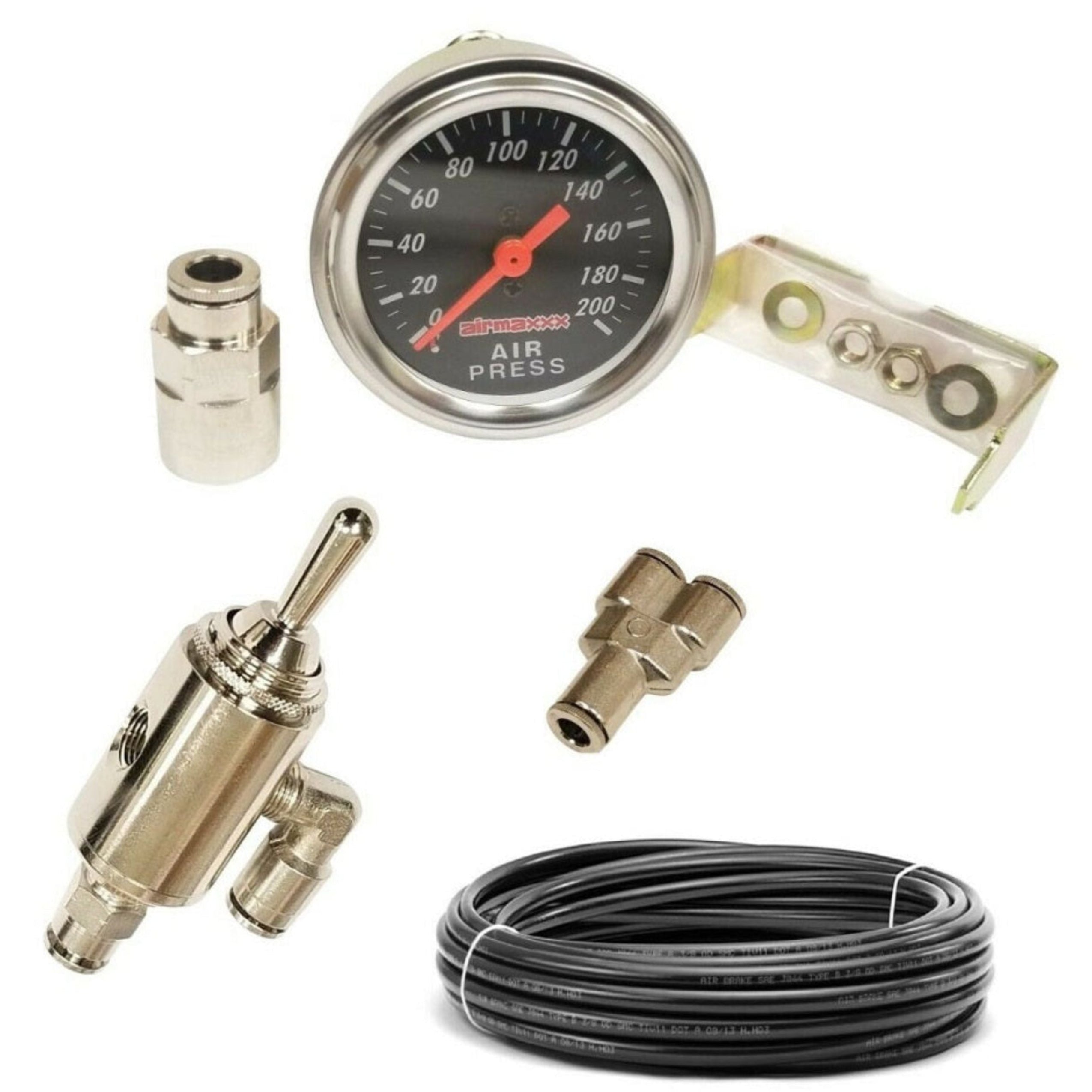 airmaxxx Manual Toggle Air Valve Kit w/Hose & Single Needle Gauge
