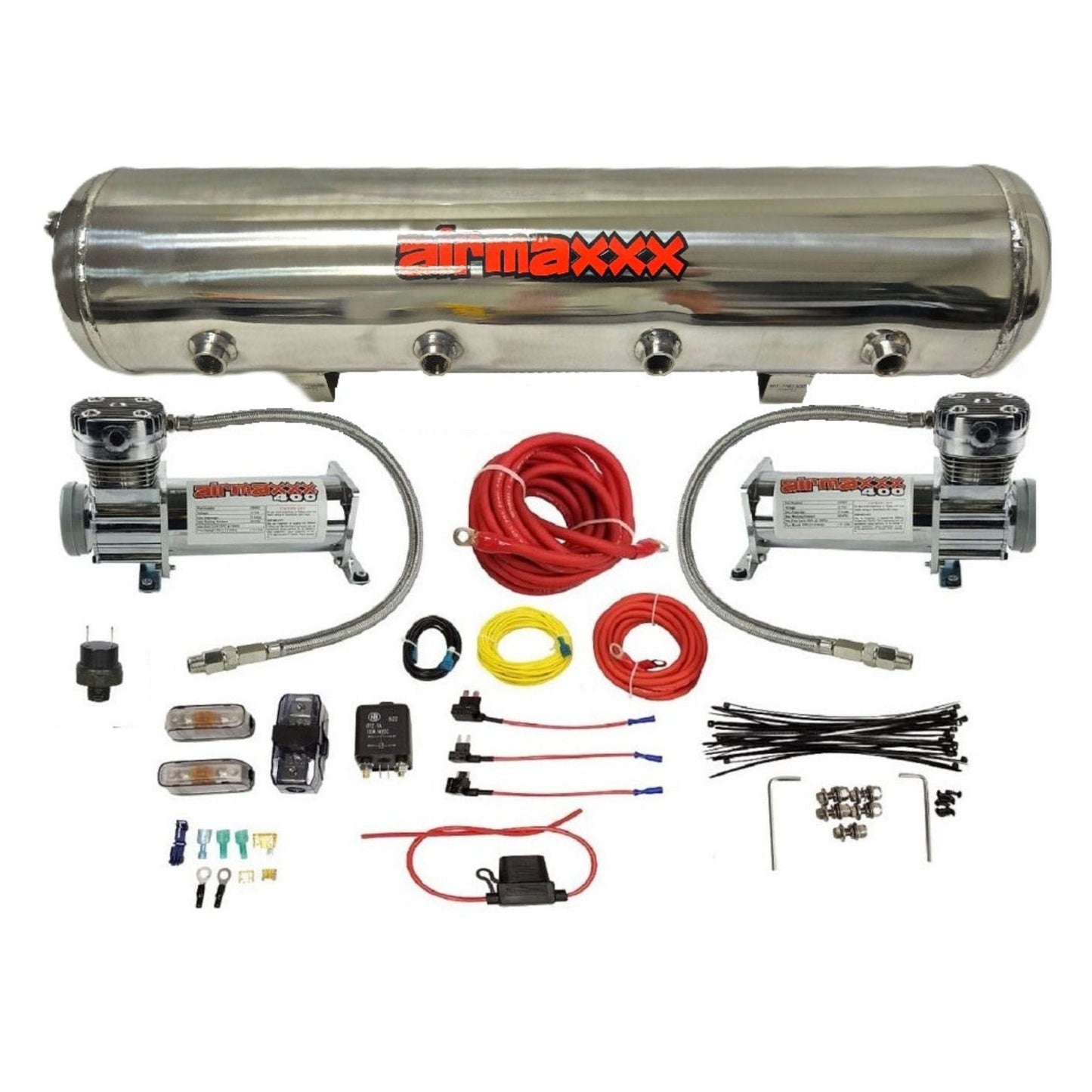 airmaxxx dual 400 chrome compressors wiring kit with stainless steel tank