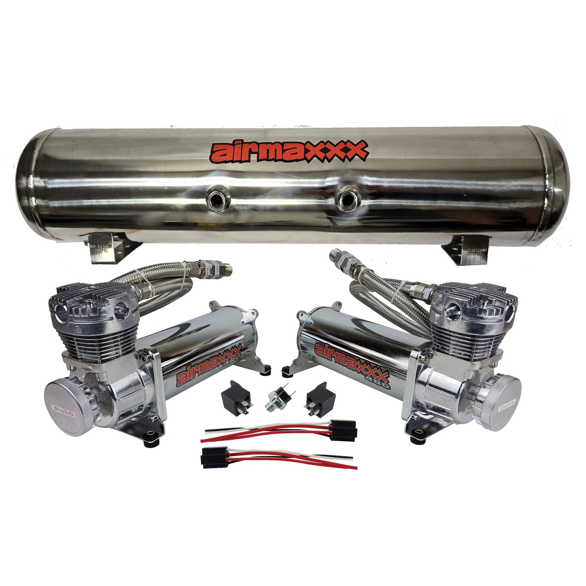 airmaxxx chrome 480 compressors with braided hoses and relays with 7 port polished stainless steel tank