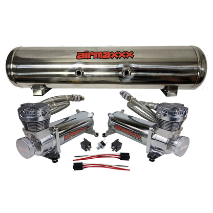 airmaxxx chrome 480 compressors with braided hoses and relays with 7 port polished stainless steel tank