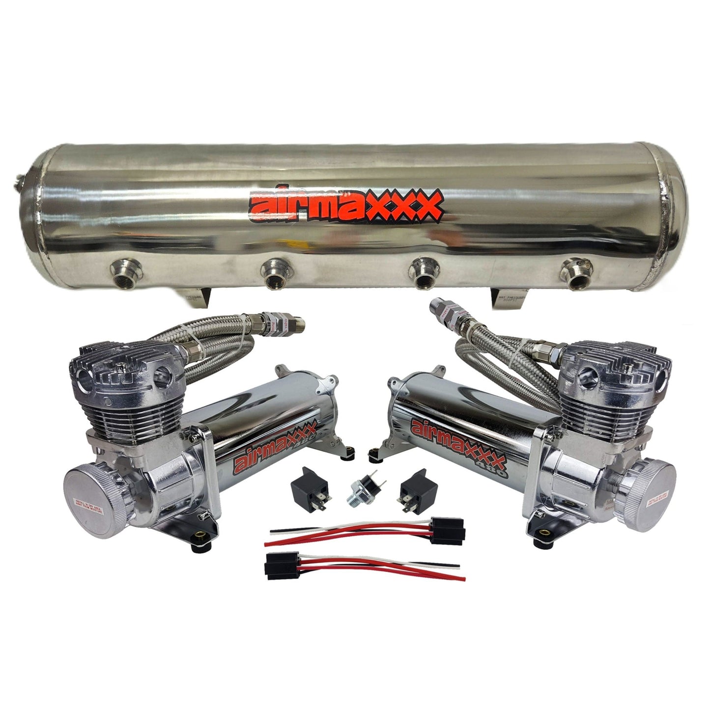airmaxxx chrome 480 compressors with braided hoses and relays plus stainless air tank