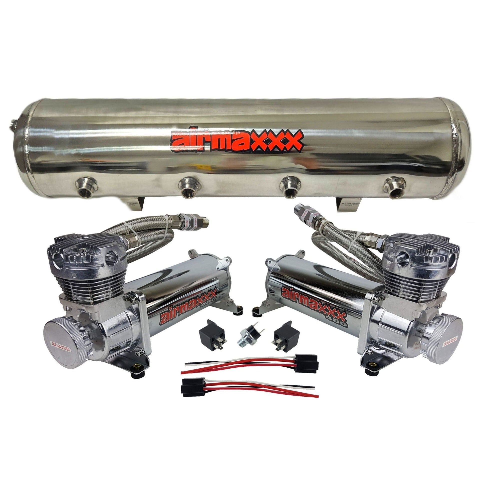 airmaxxx chrome 480 compressors with braided hoses and relays plus stainless air tank