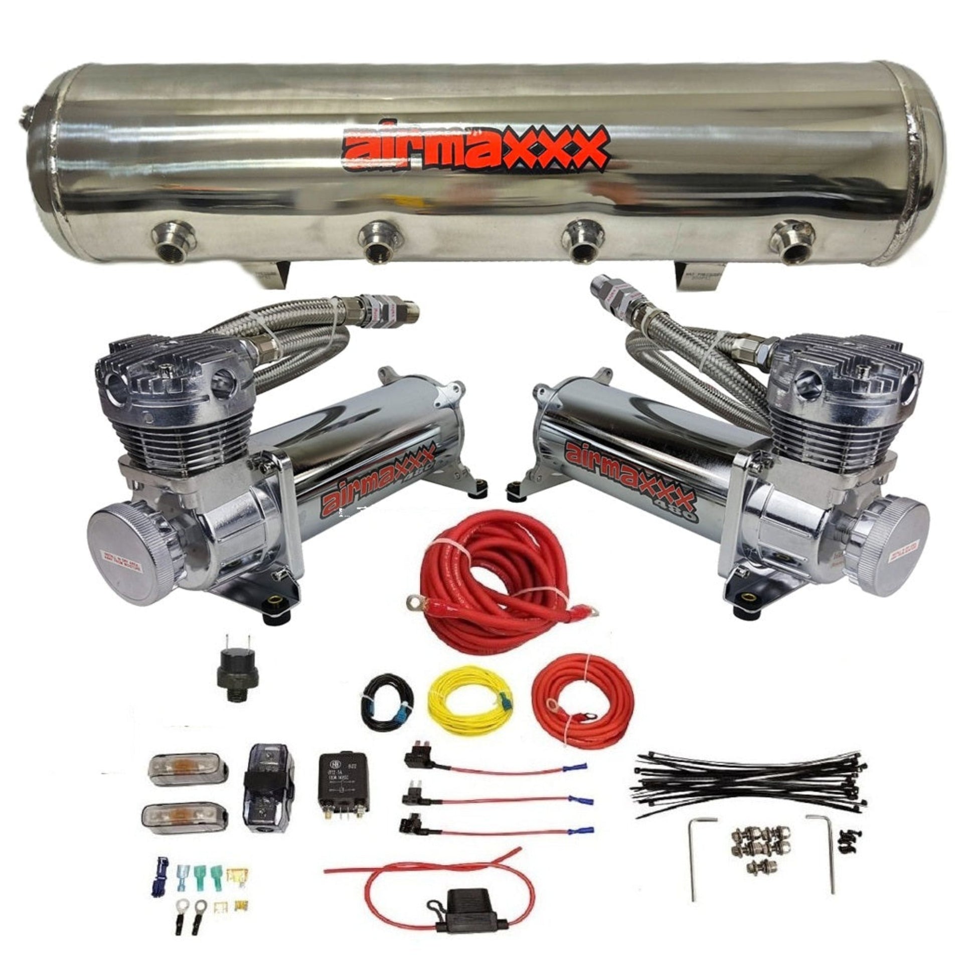airmaxxx dual 480 chrome compressors with polished stainless tank and wiring kit