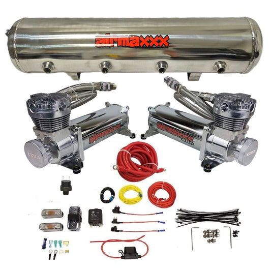 airmaxxx dual 480 chrome compressors with polished stainless tank and wiring kit