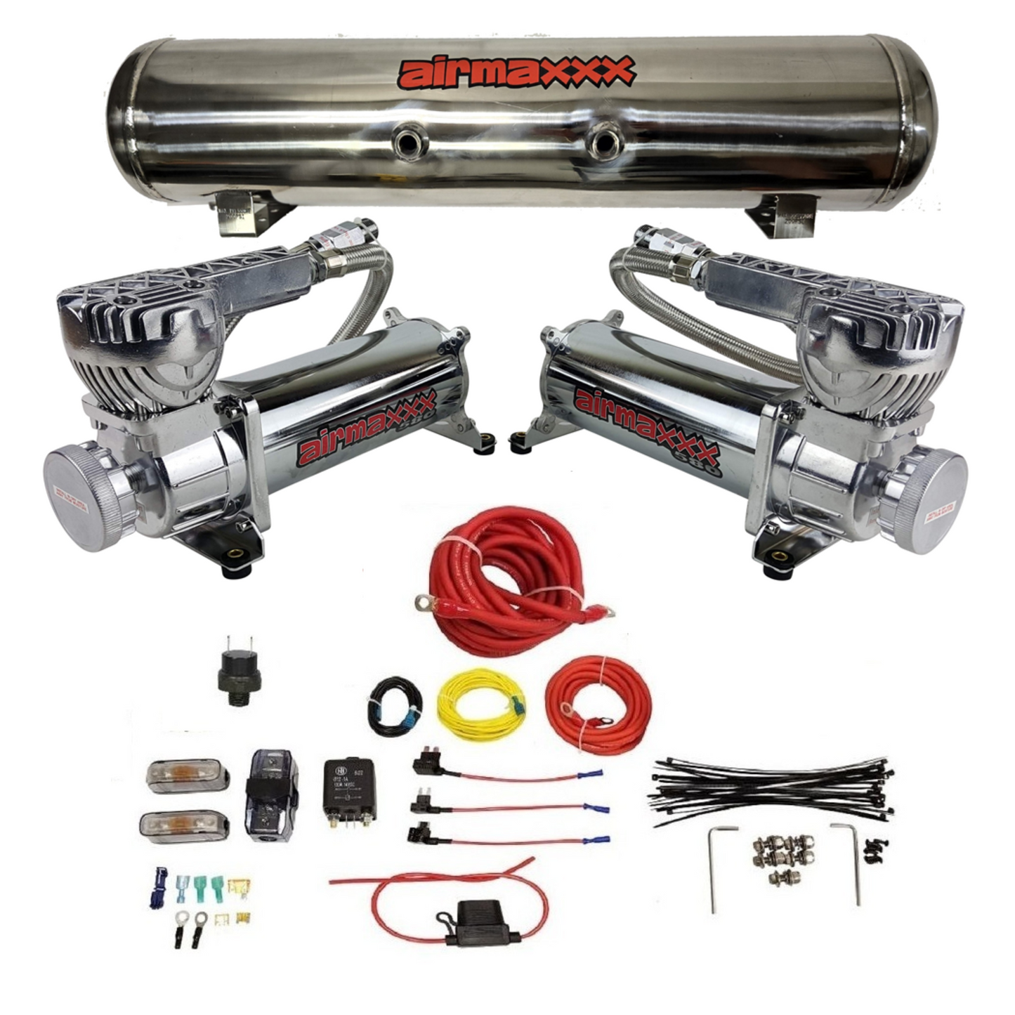 airmaxxx dual 580 chrome compressors with 7 PORT polished stainless tank AND WIRING KIT
