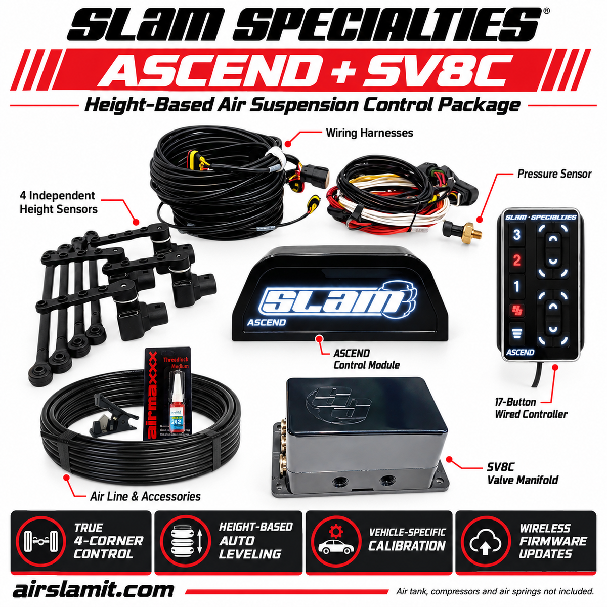 Slam Specialties ASCEND Air Ride Management Kit with SV8C Manifold & Height Sensors
