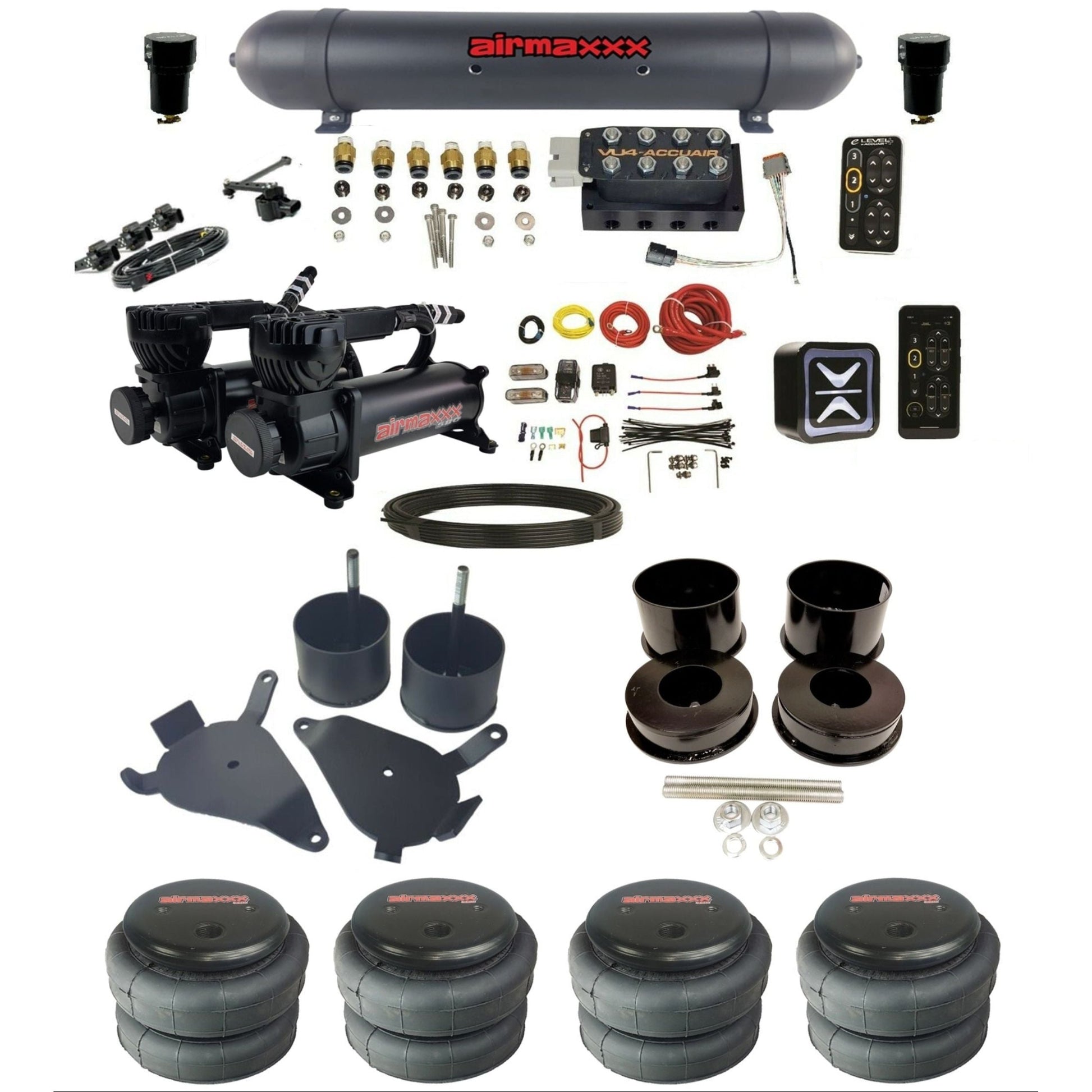 AccuAir E+ Connect & VU4 Height+ dual 580 black compressors 2500 bags aluminum tank air ride kit for 1978–1988 GM G-Body K-GBODY-580B2-57ABK-VU4-E_HT