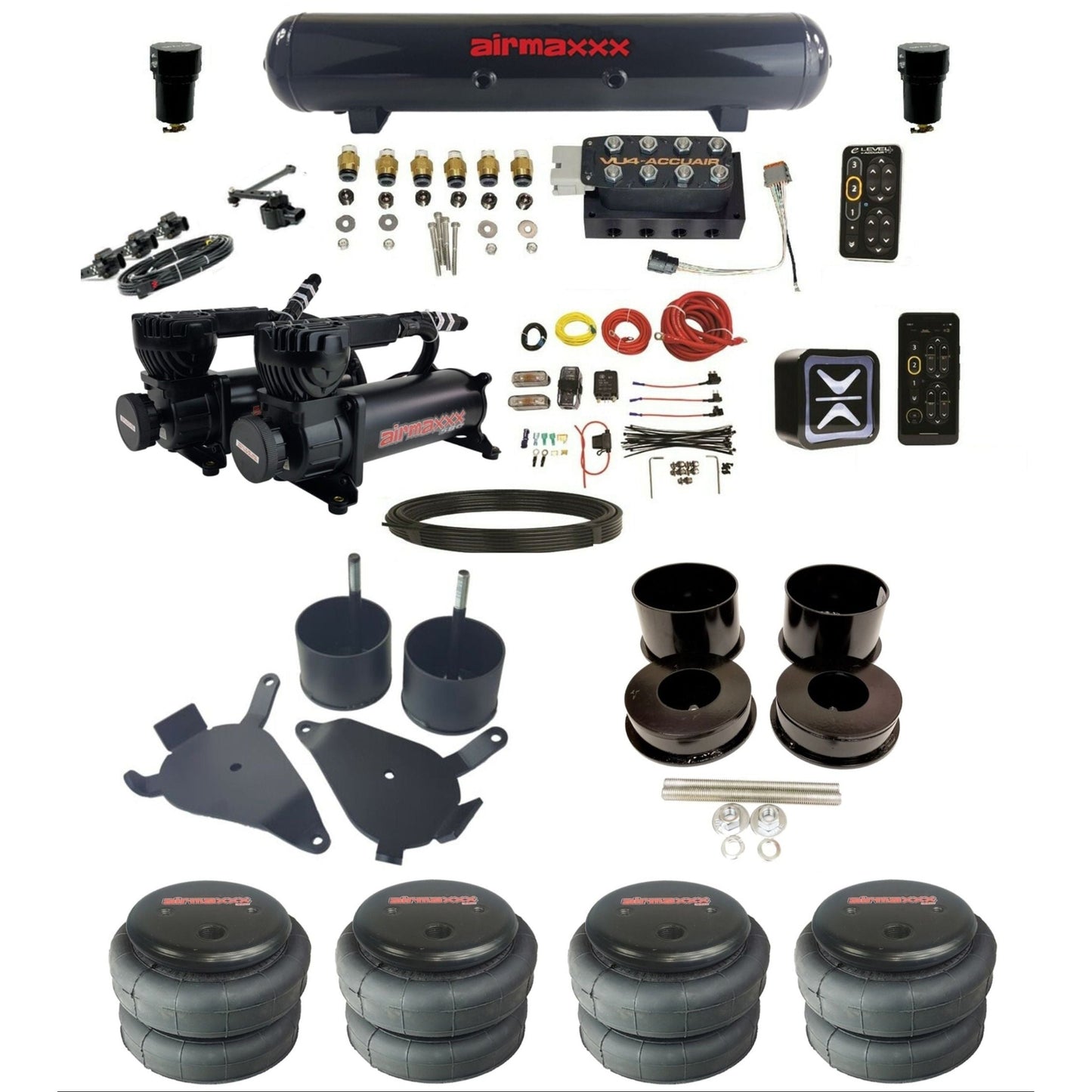 AccuAir E+ Connect & VU4 Height+ dual 580 black compressors 2500 bags steel tank air ride kit for 1978–1988 GM G-Body K-GBODY-580B2-57S-VU4-E_HT