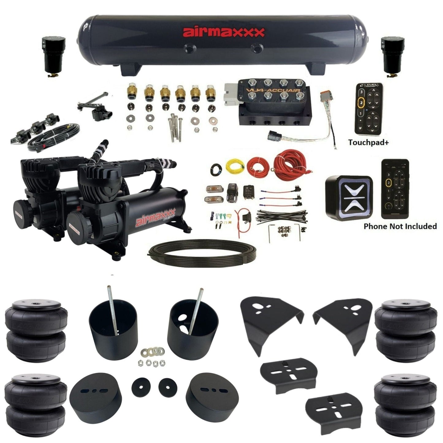 AccuAir E+ Connect VU4 Height+ dual 580 black compressors steel tank airlift bags air kit for 1988–1998 Chevy C15 KGM88-580B2-57S-VU4EHT-WK-HFD26