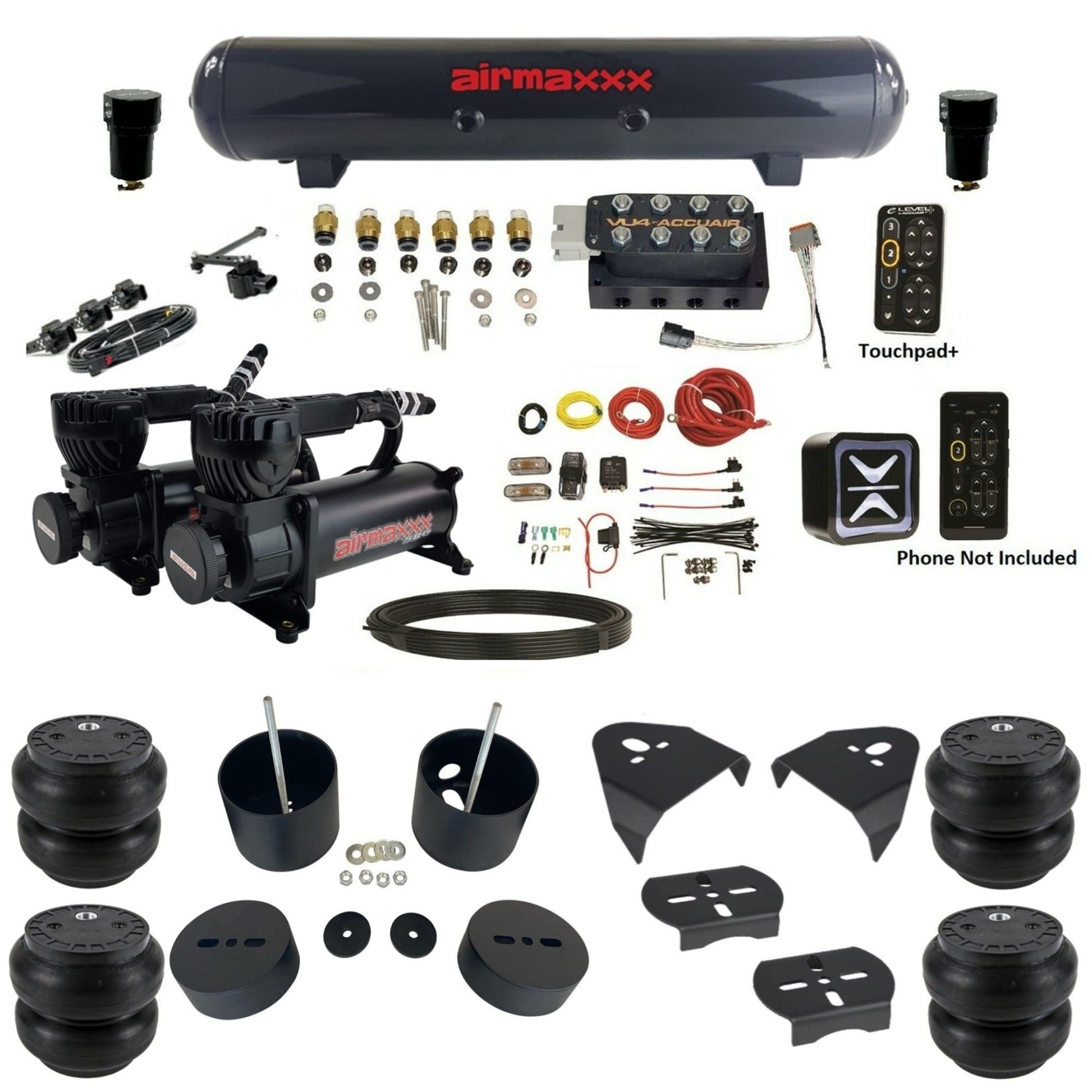 AccuAir E+ Connect VU4 Height+ dual 580 black compressors steel tank slam bags air kit for 1988–1998 Chevy C15 KGM88-580B2-57S-VU4EHT-WK-HFSS7