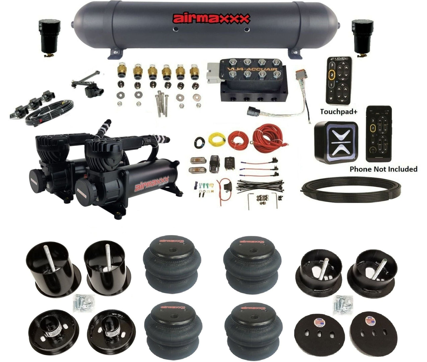 AccuAir E+ Connect & VU4 dual 580 black compressors 2600 bags & aluminum tank air ride kit for 1963–1964 Cadillac KCAD63-580B2-57ABK-VU4EHT-WK-HF