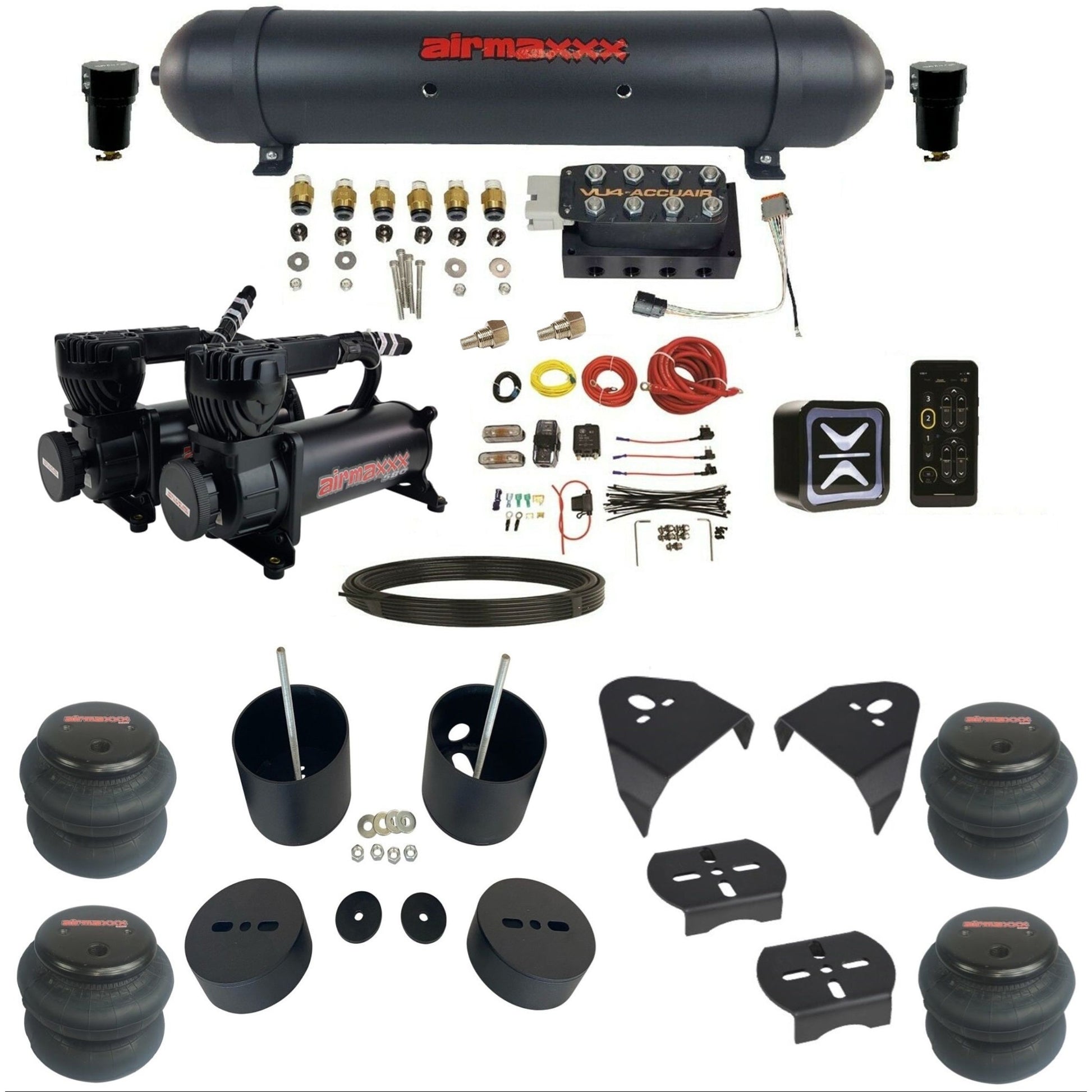 AccuAir E+ Connect VU4 dual 580 black compressors 2600 bags aluminum tank air ride kit for 1988–1998 Chevy Silverado KGM88-580B2-57ABK-VU4E-WK-HF